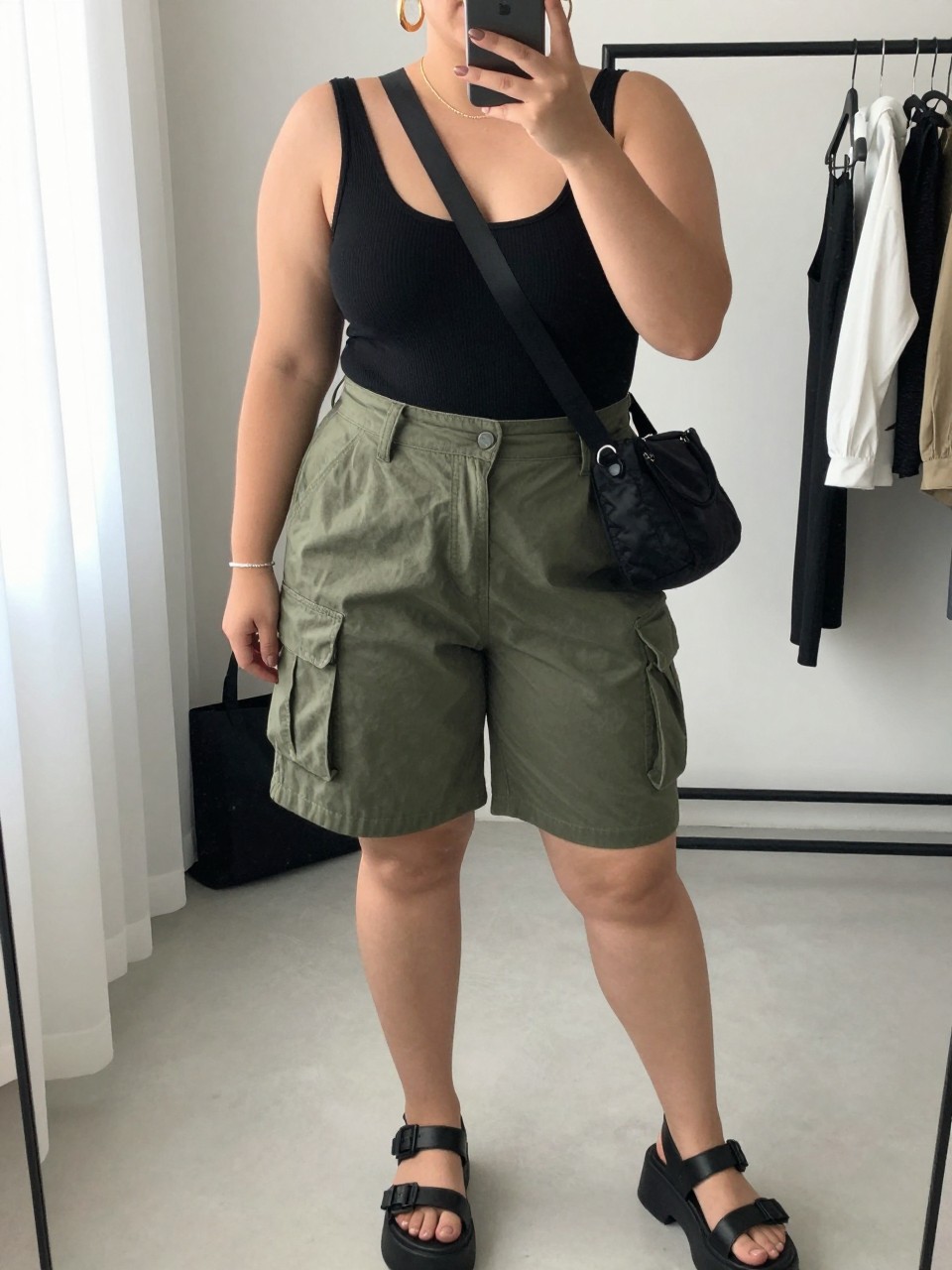Mirror selfie of a plus size woman wearing olive green high-waisted cargo shorts with flat utility pockets and a relaxed mid-thigh length, a fitted black ribbed scoop-neck bodysuit, black platform sandals, a compact black nylon crossbody bag, and chunky gold hoop earrings, clearly showing the exact clothing items, olive color, pockets, black ribbed fabric, footwear, and accessories listed, holding a phone in front of a mirror, cropped at the neck so her face does not show, relaxed confident selfie pose, in a minimal dressing room with natural window light, a clothing rack with garments behind her and a tote bag resting on the floor, realistic casual summer outfit, latest iPhone photo quality.