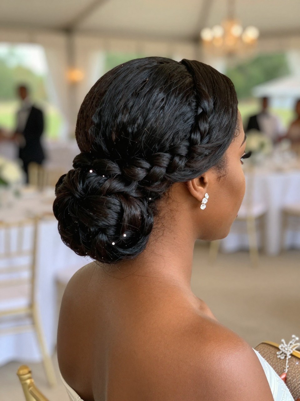 Image prompt: Photo of a Black woman wearing a sleek low braided bun with a precise middle part and a wide wrapped braid at the nape, back-of-head view to highlight the detail, softly blurred formal wedding venue background, golden hour glow, containing crystal earrings peeking through and a decorative hairpin attached to her clutch, realistic fall wedding guest photo, latest iPhone photo quality.