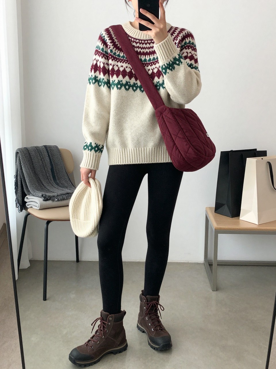 Mirror selfie of a woman wearing black fleece-lined thermal leggings, a cream Fair Isle sweater with burgundy and forest-green patterns, dark brown lace-up hiking boots, a burgundy quilted crossbody bag, and a cream ribbed beanie held in one hand, clearly showing the exact clothing items, colors, fabrics, and accessories listed, holding a phone in front of a fashion studio mirror corner, cropped at the neck so the face does not show, relaxed casual selfie pose, natural window light, folded blanket on a chair and shopping bags beside a bench, realistic fall setting, latest iPhone photo quality.