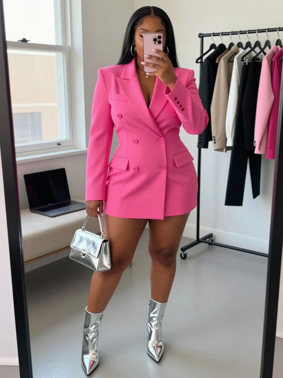 Mirror selfie of a black plus size woman wearing a structured hot pink double-breasted blazer mini dress with long sleeves and a defined waist, metallic silver pointed ankle boots with low heels, a silver mini handbag, and oversized silver hoop earrings, clearly showing the exact blazer dress shape, pink color, silver footwear, and accessories listed, holding a phone in front of a mirror, cropped at the neck so the face is hidden, relaxed bold selfie pose, in a fashion studio mirror corner with natural window light, a laptop on a bench and a clothing rack with garments behind her, realistic statement clubwear appearance, latest iPhone photo quality.