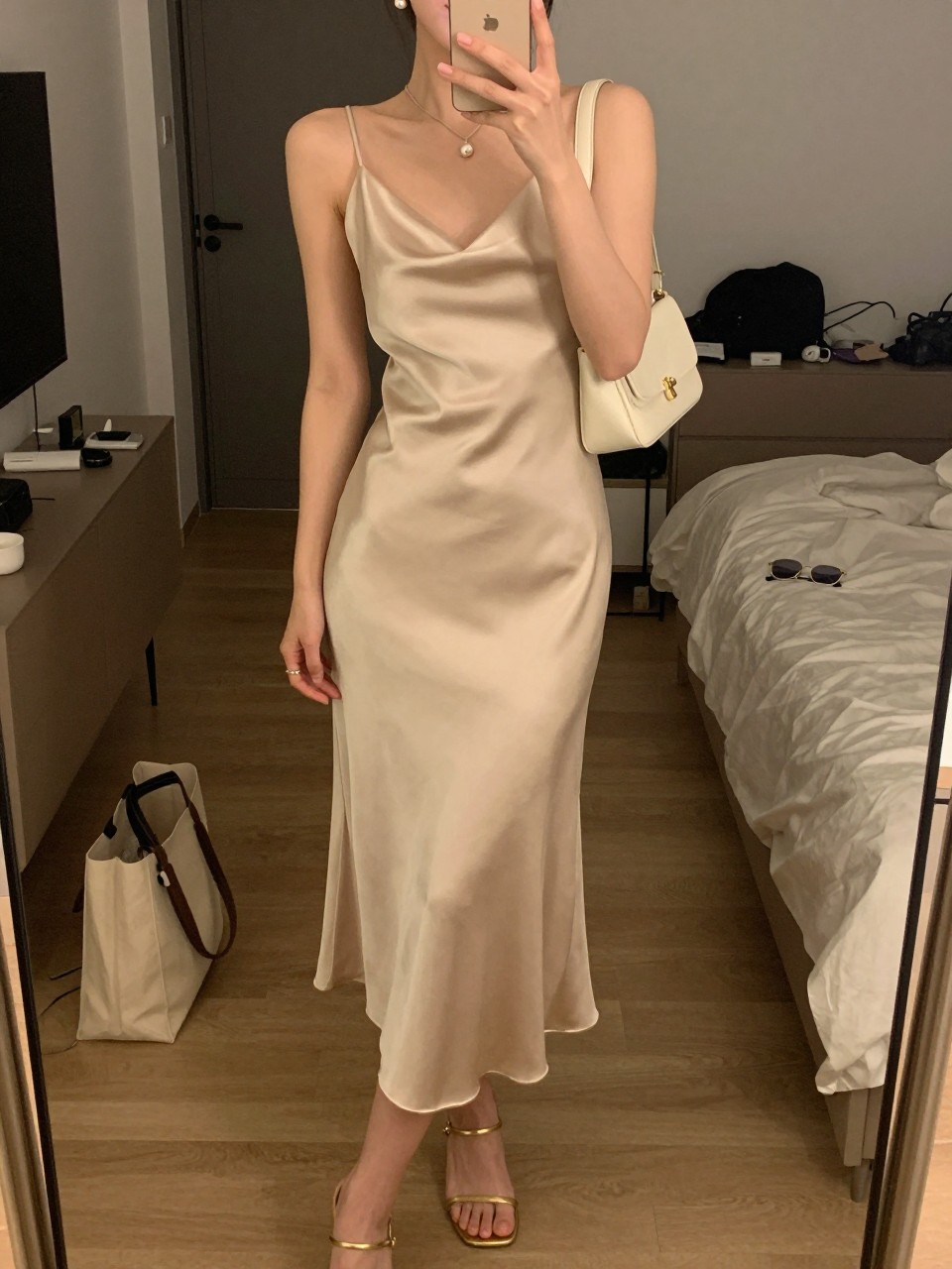 mirror selfie of a woman wearing a champagne satin slip midi dress with metallic gold heeled sandals, simple pearl drop earrings, a cream mini shoulder bag, and soft glossy makeup, holding a phone in front of a mirror, cropped at NECK so face doesn't show, with a natural casual selfie pose, in a city apartment, warm moody lighting, including small lived-in details like a tote bag on the floor, sunglasses on a dresser, or soft bedding in the background, latest iPhone photo quality.