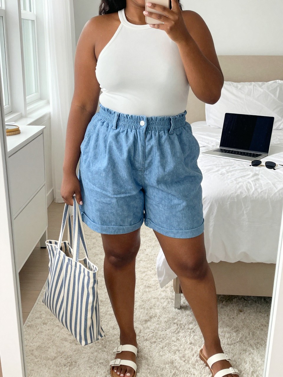 Mirror selfie of a black plus size woman wearing soft blue chambray high-waisted shorts with a relaxed fit and cuffed hems, a fitted white halter-neck top with a wide supportive neck band, white flat leather sandals, a blue and white striped canvas tote, and small silver stud earrings, clearly showing the exact clothing items, chambray texture, cuffed hems, white top, colors, footwear, and accessories listed, holding a phone in front of a mirror, cropped at the neck so her face does not appear, relaxed casual selfie pose, in a feminine-themed bedroom with natural window light, a laptop on the bed and sunglasses placed on a dresser, realistic beach-town summer outfit, latest iPhone photo quality.