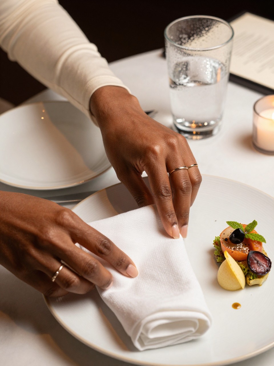 Image prompt: A detailed close-up DSLR restaurant photo focusing on an adult Black woman’s hands with warm brown skin folding a white linen napkin beside a plated appetizer, wearing delicate rings and a cream long-sleeve top, one wrist resting near a ceramic plate, sparkling water glass with condensation, silver fork, small candle, menu edge, soft restaurant table light, realistic hand texture, slight food crumbs, natural shadows, elegant quiet dinner detail photography, human lifestyle feel.