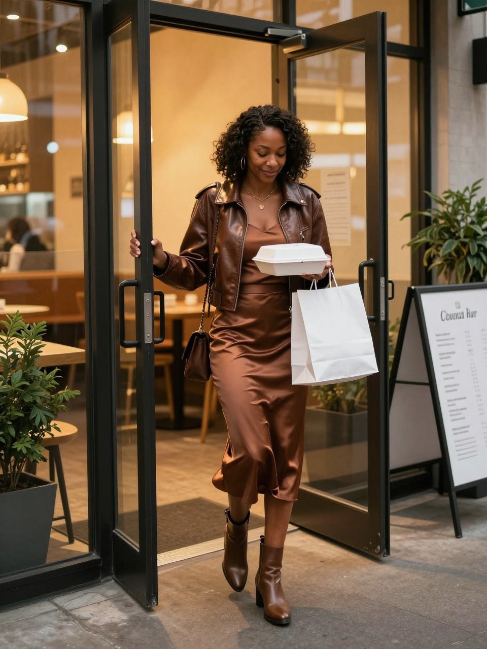 Image prompt: A candid DSLR restaurant exit photo of an adult Black woman with warm brown skin stepping out of a small modern restaurant at night, wearing a cropped leather jacket, satin midi skirt, and ankle boots, holding a white takeaway box and paper bag in one hand, the other hand pushing the glass door open, smiling down at the bag, warm restaurant light spilling onto the sidewalk, menu sign near the entrance, potted plant by the door, realistic reflections on glass, natural outfit movement, urban dinner-night mood, human street-style photography.
