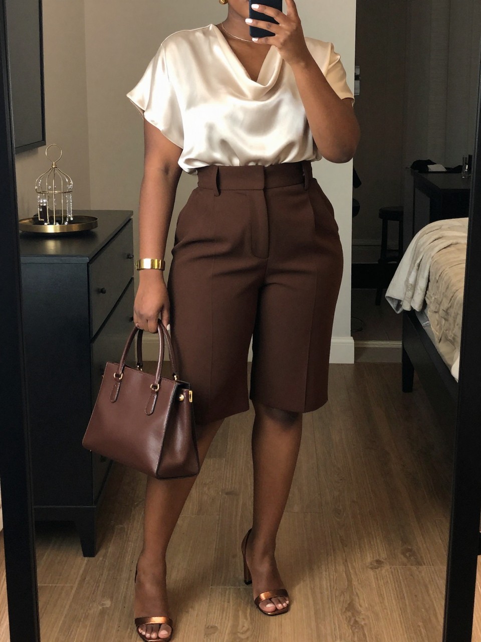 Mirror selfie of a black plus size woman wearing chocolate brown high-waisted Bermuda shorts with a tailored knee-skimming cut, an ivory satin blouse with short sleeves and a softly draped neckline, metallic bronze block-heel sandals, a structured chocolate brown handbag, and hammered gold cuff earrings, clearly showing the exact clothing items, chocolate fabric, ivory satin, colors, footwear, and accessories listed, holding a phone in front of a mirror, cropped at the neck so the face does not show, relaxed sophisticated selfie stance, in a stylish city apartment with warm moody lighting, a jewelry tray on the dresser and a folded blanket on a chair, realistic elegant summer outfit, latest iPhone photo quality.
