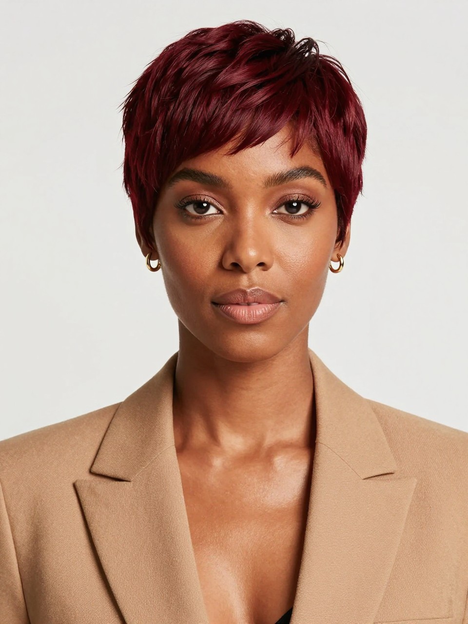 Image Prompt: A chic Black woman with a short mahogany red pixie cut, neatly shaped sides, soft swoop at the front, rich red-brown hair color, smooth texture, dark brown skin, defined lashes, soft nude lip, small gold earrings, tailored camel blazer, clean studio background, sharp beauty editorial photography, realistic DSLR image, no text, (no watermarks on images)