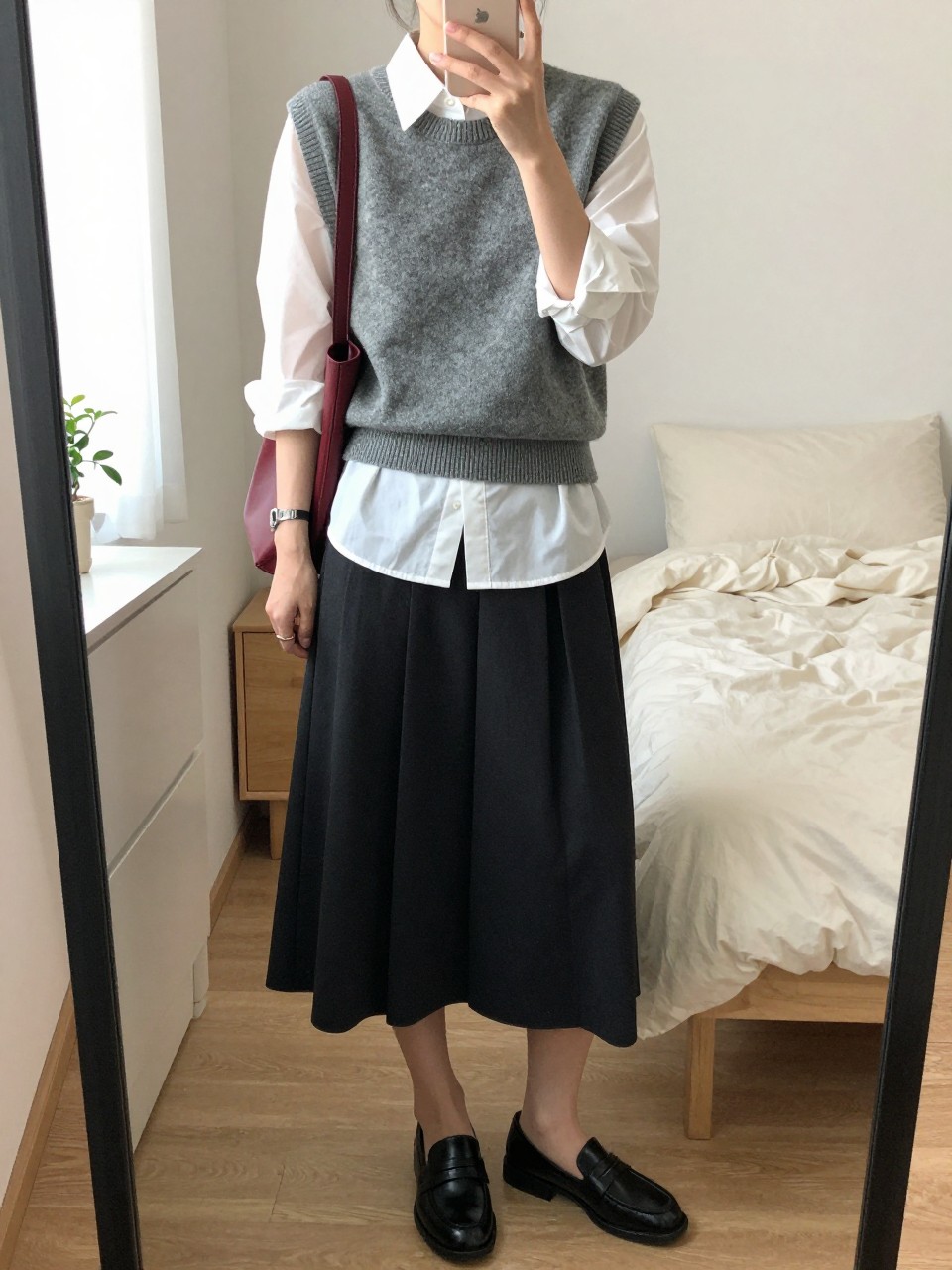 mirror selfie of a woman wearing the exact outfit described above, clearly showing a gray sweater vest layered over a crisp white poplin shirt, black pleated midi skirt, black loafers, a burgundy shoulder bag, and a silver watch, holding a phone in front of a mirror, cropped at NECK so the face does not show, with a relaxed casual selfie pose, in a cozy bedroom mirror setup, natural window light, with soft pillows on an unmade bed and a small plant on a dresser, latest iPhone photo quality.