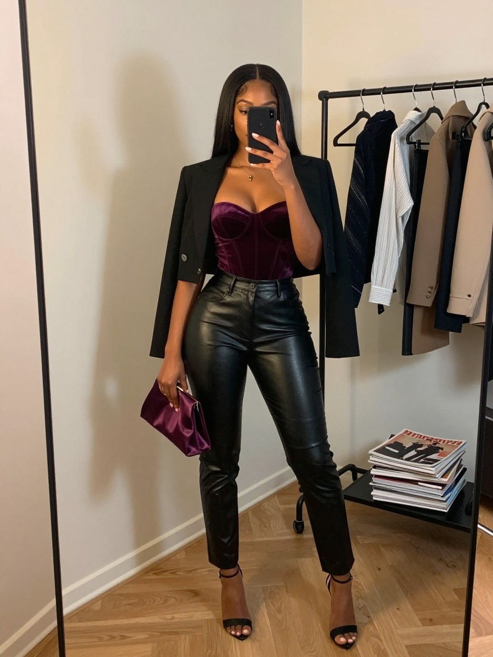 mirror selfie of a Black woman wearing the exact outfit described above, clearly showing a plum velvet corset top, black high-waisted straight-leg leather pants, black strappy heels, black cropped blazer, and plum satin clutch, holding a phone in front of a mirror, cropped at NECK so the face does not show, with a confident casual selfie pose, in a fashion studio mirror corner, evening golden hour, including a clothing rack with garments behind and a stack of fashion magazines on a side table, latest iPhone photo quality.