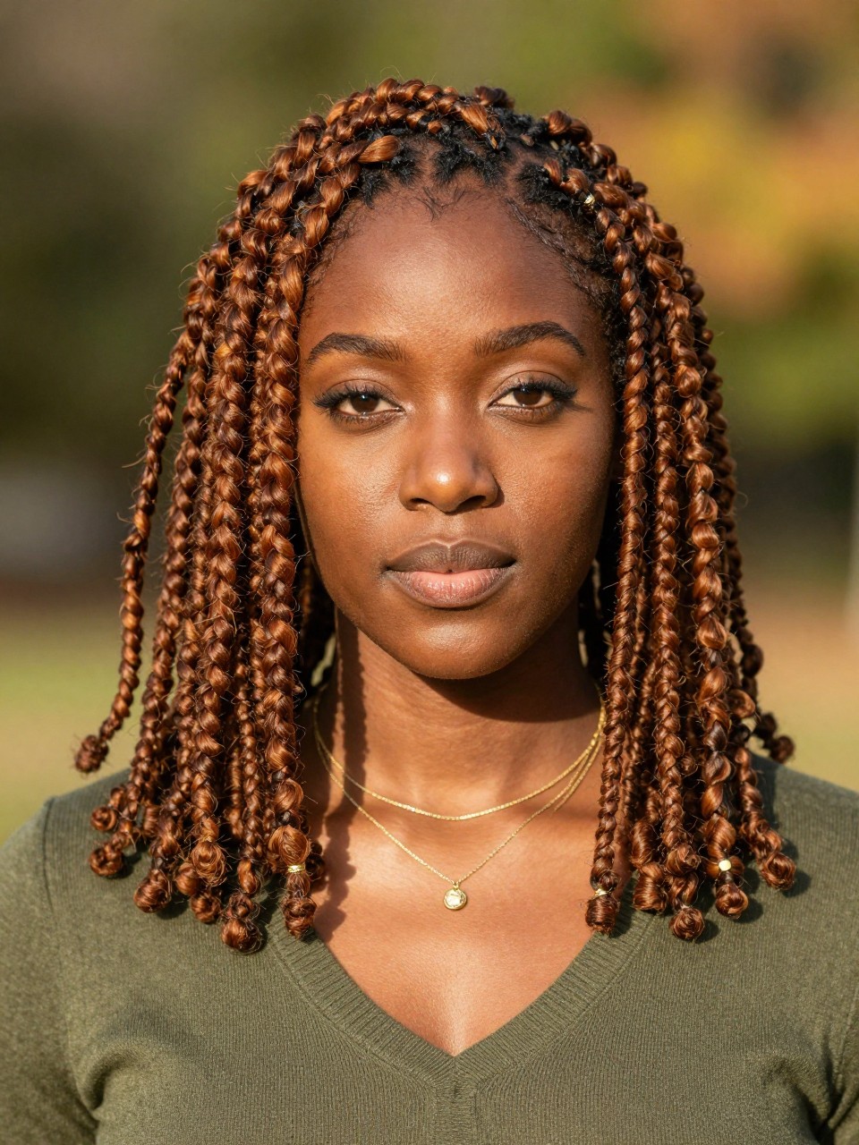Image Prompt: A stunning Black woman with shoulder-length maple brown locs, neatly maintained loc texture, warm brown color with soft amber undertones, a few locs framing the face, deep brown skin, natural glowing makeup, layered gold necklaces, olive green sweater, outdoor background with soft greenery and fall tones, warm sunlight, realistic lifestyle editorial portrait, detailed loc texture, no text, (no watermarks on images)