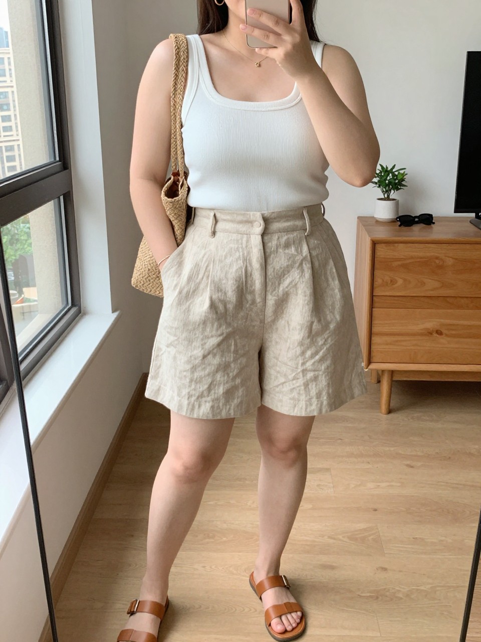 Mirror selfie of a plus size woman wearing beige high-waisted linen shorts with a relaxed mid-thigh cut and softly pleated front, a fitted white ribbed square-neck tank top, tan flat leather sandals, a woven tan shoulder bag, and delicate gold hoop earrings, clearly showing the exact clothing items, colors, linen and ribbed textures, footwear, and accessories listed, holding a phone in front of a mirror, cropped at the neck so the face does not show, relaxed casual selfie pose, in a stylish city apartment with natural window light, sunglasses placed on a dresser and a small plant nearby, natural unstaged summer appearance, latest iPhone photo quality.