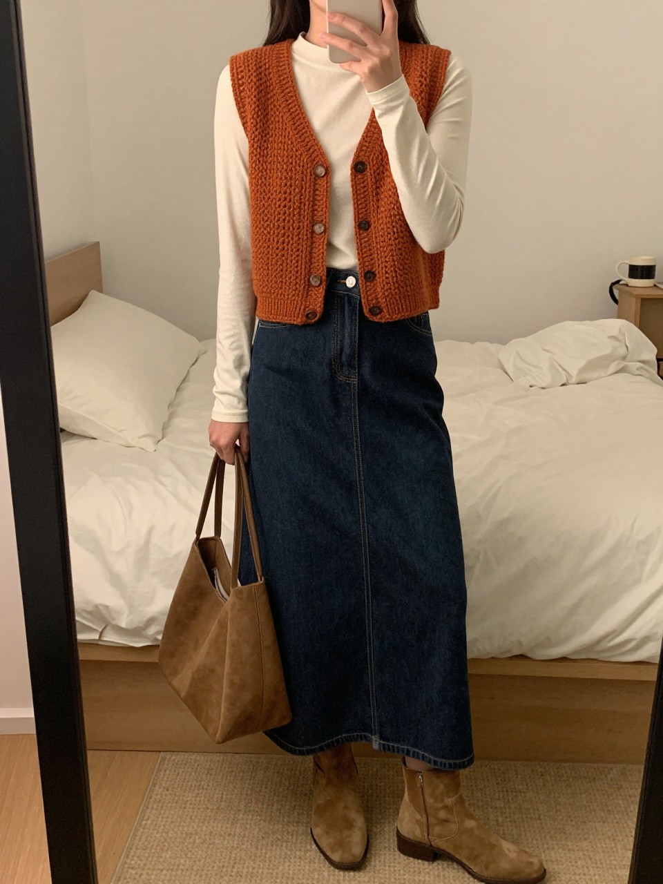 Mirror selfie of a woman wearing a rust-orange hand-crocheted vest over a fitted cream long-sleeve top, dark indigo denim maxi skirt with a front slit, tan suede ankle boots, and a soft brown hobo bag, clearly showing the exact clothing items, colors, fabrics, and accessories listed, holding a phone in front of a cozy bedroom mirror setup, cropped at the neck so the face does not show, relaxed casual selfie pose, warm moody lighting, soft pillows on an unmade bed and a coffee mug on a bedside table, natural lived-in atmosphere, latest iPhone photo quality.
