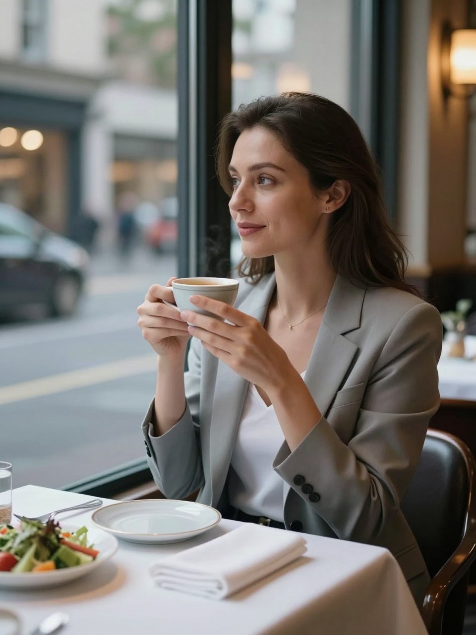 Image prompt: A calm DSLR restaurant photo of an adult woman with fair skin sitting beside a large window at a city restaurant, wearing a soft gray blazer over a white camisole, holding a small tea cup with both hands, her reflection visible in the glass beside her face, eyes looking out at the street, evening city lights softly blurred outside, white tablecloth, folded napkin, small salad plate, realistic glass reflection, warm indoor light mixed with cool window light, thoughtful restaurant mood, natural lifestyle photography.