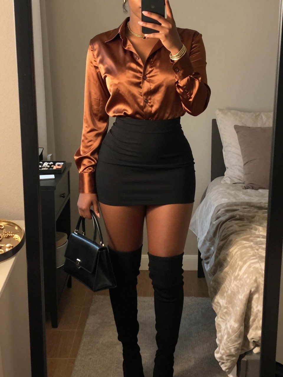mirror selfie of a Black woman wearing the exact outfit described above, clearly showing a copper satin button-up shirt, black fitted mini skirt, black thigh-high boots, black mini handbag, and gold layered bracelet, holding a phone in front of a mirror, cropped at NECK so the face does not show, with a confident casual selfie pose, in a cozy bedroom mirror setup, evening golden hour, including a jewelry tray on the vanity and soft pillows on an unmade bed, latest iPhone photo quality.