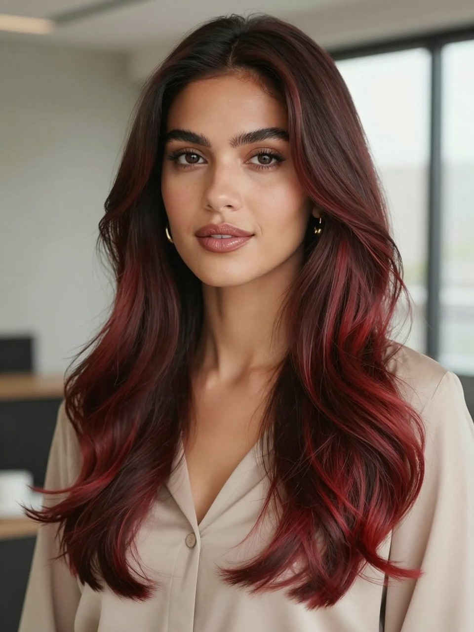 Image Prompt: A beautiful woman with long dark brown hair and reddish brown balayage, dark roots with hand-painted red-brown pieces through the mid-lengths and ends, soft loose waves, medium-deep brown skin, natural glam makeup, glossy lips, gold earrings, beige blouse, modern indoor background, soft window light, realistic beauty editorial portrait, smooth blended color placement, no text, (no watermarks on images)