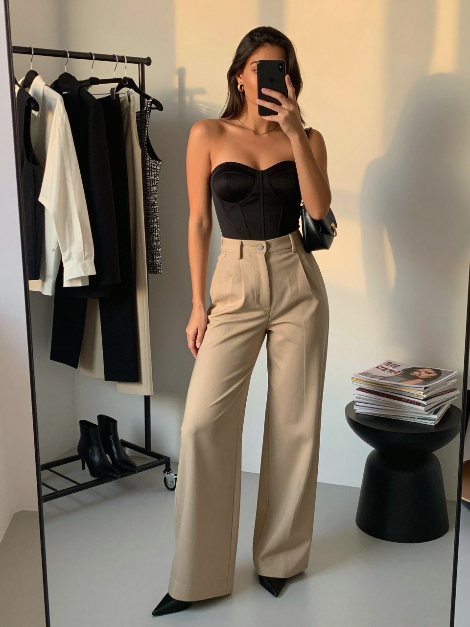 Mirror selfie of a Latina woman wearing a black structured corset-style top, beige high-waisted wide-leg trousers, black pointed heels, gold hoop earrings, and a black mini shoulder bag, holding a phone in front of a mirror, cropped at NECK so the face does not show, relaxed casual selfie pose, in a fashion studio mirror corner, evening golden hour, with a clothing rack with garments behind and a stack of fashion magazines on a side table, latest iPhone photo quality.