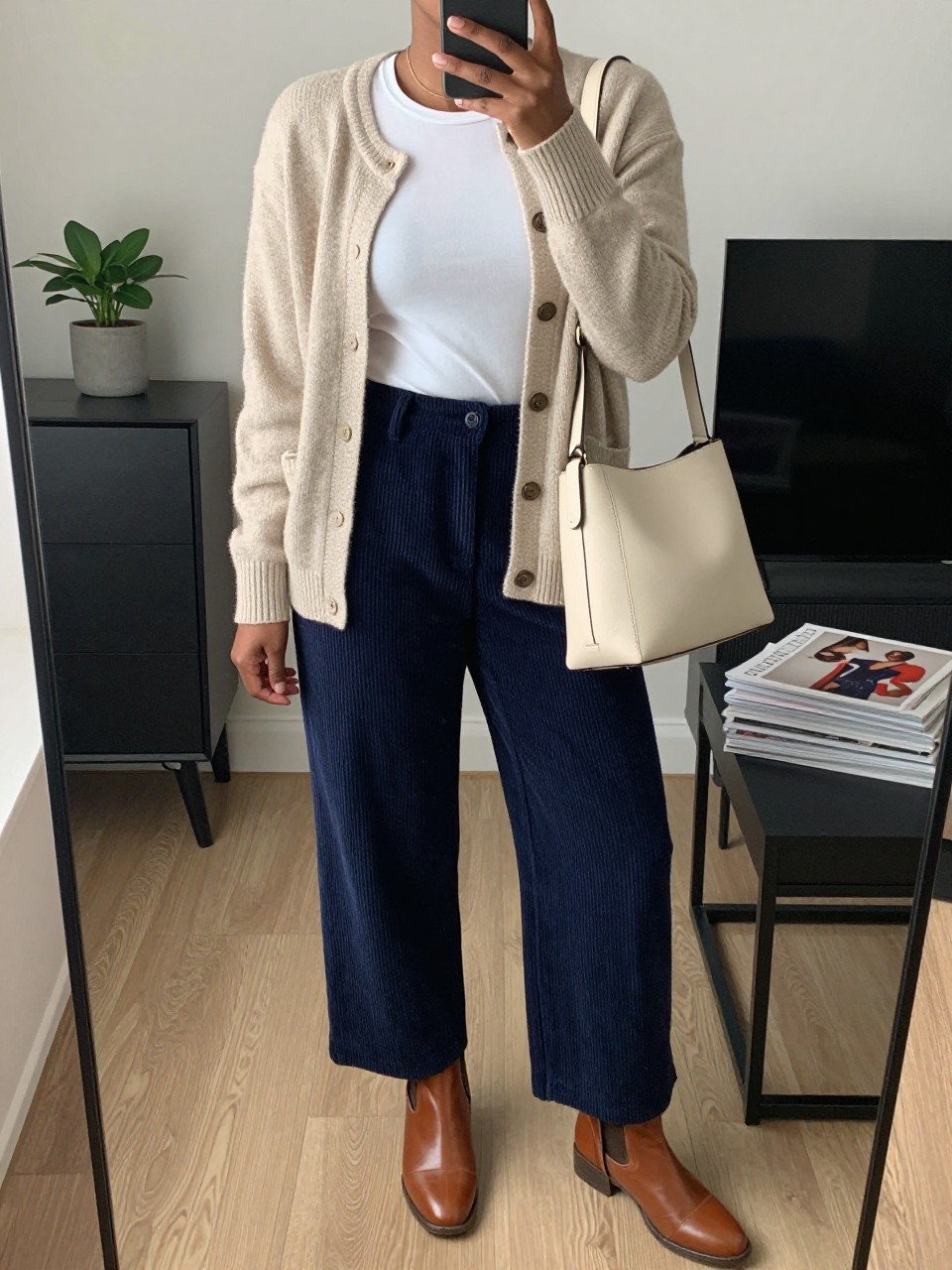 Mirror selfie of a Black woman wearing a stone-beige button-front cardigan over a fitted white crew-neck top, navy wide-leg corduroy pants, cognac leather ankle boots, and a structured cream crossbody bag, clearly showing the exact clothing items, colors, fabrics, and accessories listed, holding a phone in front of a stylish city apartment mirror, cropped at the neck so the face does not show, relaxed casual selfie pose, soft indoor lighting, a small plant on a dresser and a stack of fashion magazines on a side table, natural and uncluttered, latest iPhone photo quality.
