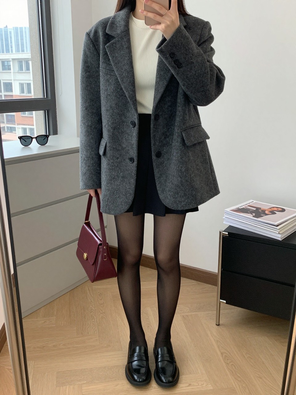 Mirror selfie of a woman wearing an oversized charcoal-grey wool blazer, fitted ivory ribbed mock-neck top, black pleated mini skirt, sheer black tights, black leather loafers, and a small burgundy shoulder bag, clearly showing the exact clothing items, colors, fabrics, and accessories listed, holding a phone in front of a stylish city apartment mirror, cropped at the neck so the face does not show, relaxed casual selfie pose, natural window light, sunglasses placed on a dresser and a stack of fashion magazines on a side table, natural and uncluttered, latest iPhone photo quality.