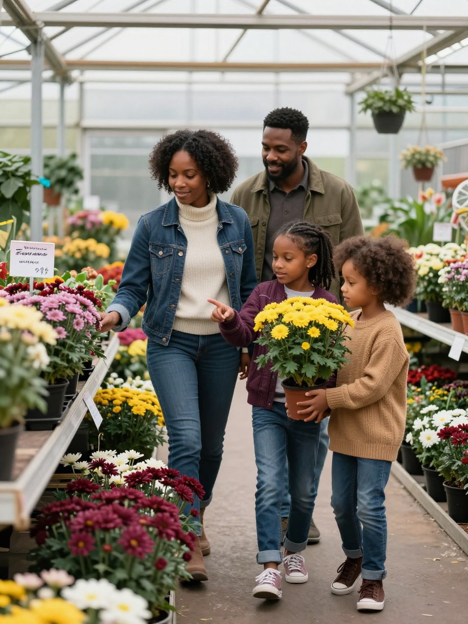 Image Prompt: A Black mother, father, and two daughters browsing potted chrysanthemums inside a bright garden-center greenhouse in fall, one daughter carrying a small safe pot of yellow mums while the younger child points toward a row of burgundy flowers, the parents walking closely behind them and smiling, outfits in cream, dark denim, plum, olive, and tan, realistic knitwear, light jackets, and practical shoes, greenhouse shelves filled with believable plant quantities, watering trays and handwritten price signs visible, natural window light mixed with soft indoor lighting, photographed with a DSLR 35mm lens, detailed flowers, natural skin texture, realistic public shopping environment, no empty greenhouse, no excessive floral arrangement.