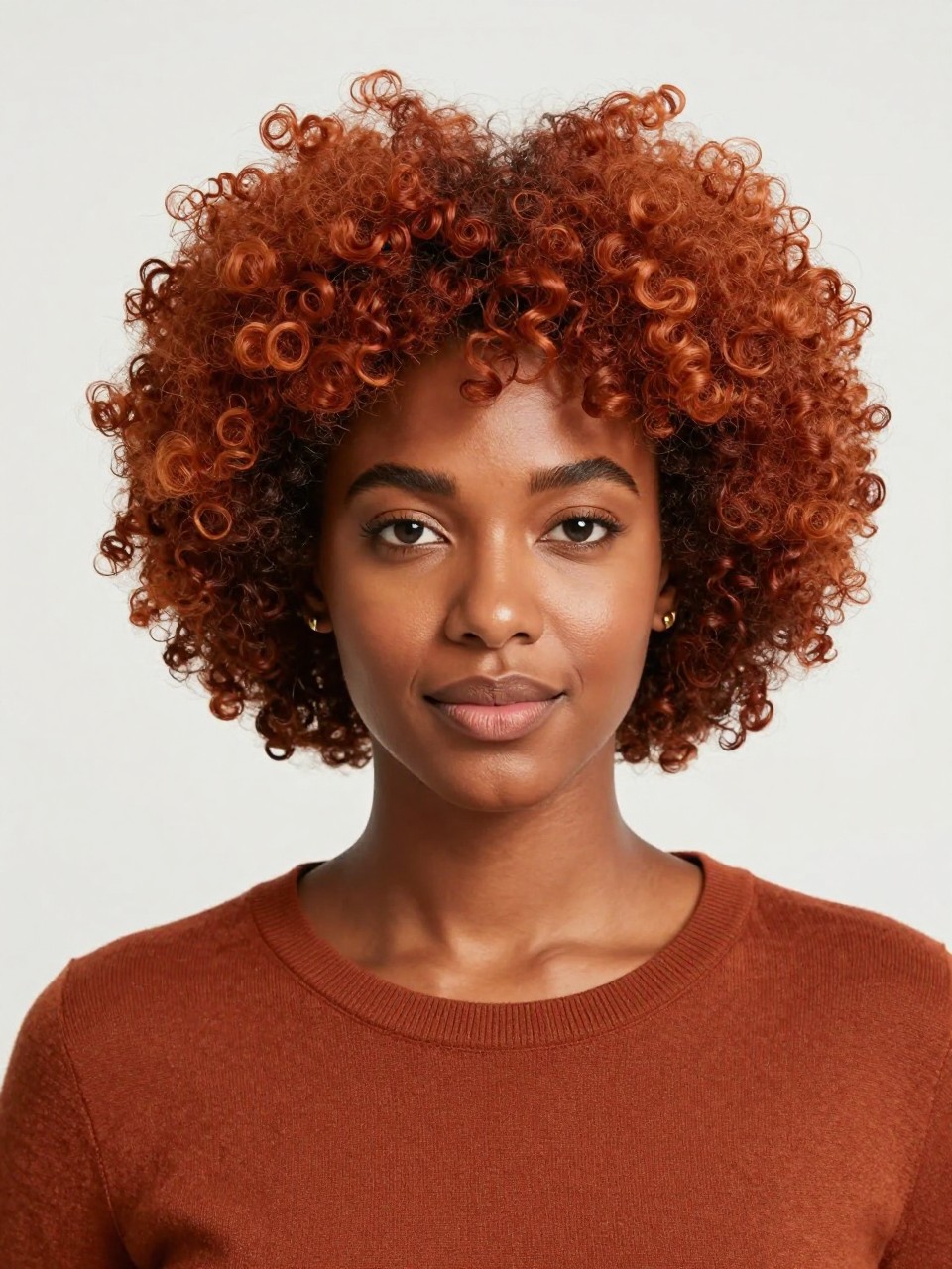 Image Prompt: A confident Black woman with a full rounded afro dyed auburn ginger, rich textured coils with soft pick-out volume, warm red-brown copper tone, glowing deep brown skin, minimal clean makeup, simple gold studs, rust-colored sweater, clean studio backdrop, bright soft lighting, front-facing beauty editorial portrait, realistic DSLR image, sharp hair texture, no text, (no watermarks on images)