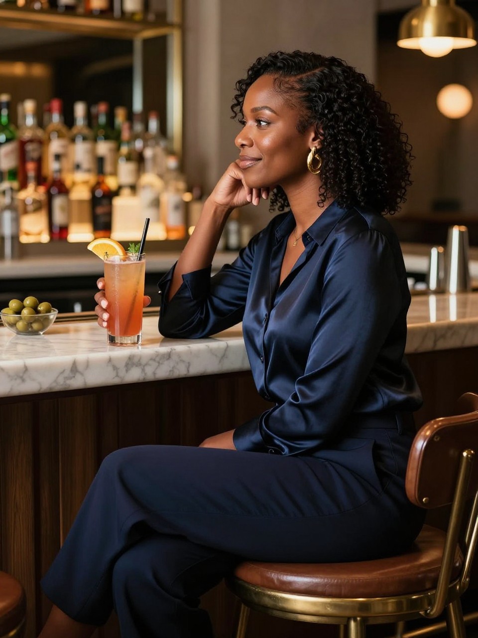 Image prompt: A polished DSLR restaurant photo of an adult Black woman with rich dark skin sitting sideways at a restaurant bar counter, wearing a deep navy satin blouse, wide-leg trousers, and gold earrings, one elbow resting on the bar, one hand holding a citrus mocktail, legs crossed at the ankles, face turned in side profile toward the bartender area, soft smile, backlit bottles blurred in the background, marble counter, small bowl of olives, warm brass lights, realistic glass reflections, natural skin texture, modern evening restaurant portrait.