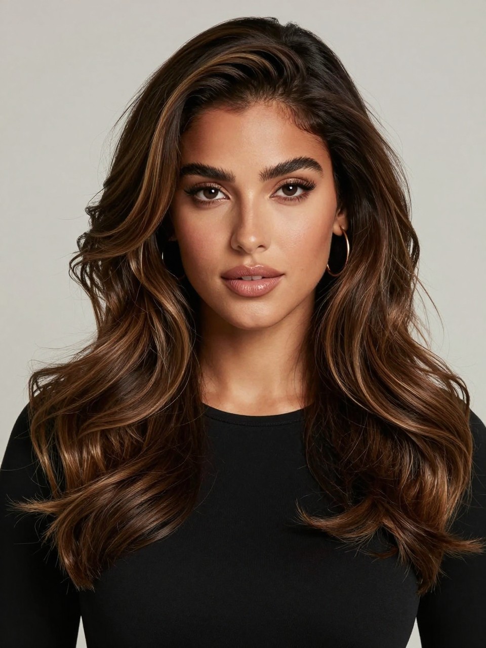 Image Prompt: A stylish woman with dark brunette wavy hair and teddy bear brown money piece highlights, rich dark base with soft beige-brown front sections framing the face, loose waves with shine, warm medium-deep skin tone, glossy nude lips, subtle bronzed makeup, gold hoop earrings, fitted black top, clean neutral studio background, close-up beauty portrait, realistic DSLR photo, soft face-framing brunette color detail, no text, (no watermarks on images)