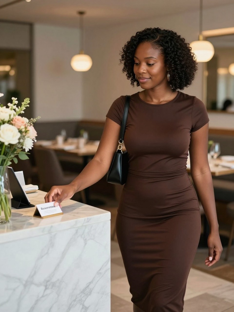 Image prompt: A realistic DSLR restaurant photo of an adult Black woman with deep brown skin standing beside a marble host stand in a modern restaurant, wearing a fitted chocolate brown midi dress, gold hoop earrings, and a small black shoulder bag, reaching gently for a small reservation card with her name on it, one hand resting near the edge of the stand, head turned slightly toward the host area with a soft smile, warm pendant lights above, blurred dining tables behind her, fresh flowers on the stand, polished floor, realistic skin texture, natural fabric folds, elegant dinner arrival mood, candid human lifestyle photography.