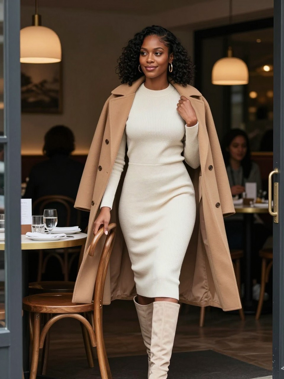 Image prompt: A stylish DSLR restaurant entrance photo of an adult Black woman with rich brown skin standing beside her table, wearing a fitted ivory knit dress and knee-high boots, slipping a long camel coat off one shoulder while smiling toward someone off-camera, one hand holding the coat collar, the other hand near the back of a wooden chair, small round table set with water glasses, folded napkins, menu cards, soft pendant lights, blurred diners in the background, realistic coat movement, natural skin texture, elegant dinner arrival photography.