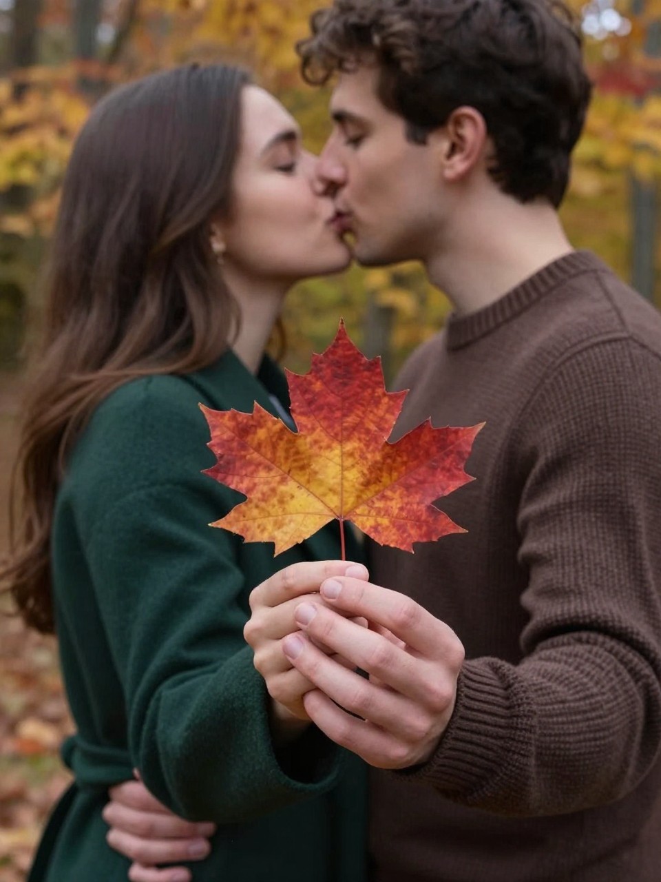 Image Prompt: A creative close-up portrait of a young couple sharing a soft kiss in an autumn park while one partner holds a small bunch of red and golden leaves close to the camera, the leaves slightly out of focus and partially framing the lower edge of the image without covering their faces, the woman wearing a dark green wool coat and the man wearing a brown knit sweater, their hands resting gently at each other’s waist and upper arm, photographed with an 85mm DSLR lens, natural evening light, realistic leaf edges, subtle background blur, detailed skin texture, elegant editorial composition, no heart-shaped leaf arrangement, no artificial sparkle.