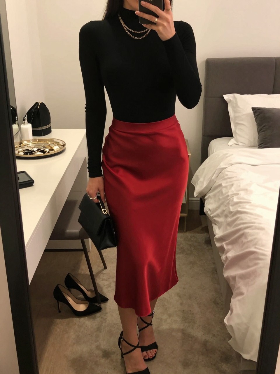 Mirror selfie of a Latina woman wearing a black fitted long-sleeve bodysuit, red satin midi slip skirt, black strappy heels, gold layered necklace, and a small black clutch, holding a phone in front of a mirror, cropped at NECK so the face does not show, relaxed casual selfie pose, in a feminine-themed bedroom, warm moody lighting, with a jewelry tray on the vanity and a pair of heels on the floor nearby, latest iPhone photo quality.