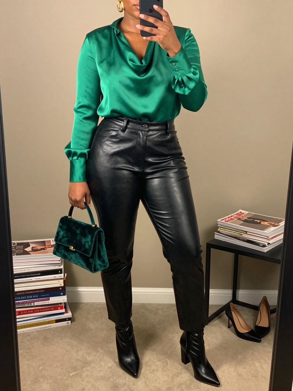 Mirror selfie of a black plus size woman wearing black high-waisted faux-leather straight-leg pants, an emerald green satin blouse with long sleeves and a softly draped neckline, black pointed ankle boots with block heels, a small emerald velvet handbag, and chunky gold cuff earrings, clearly showing the exact clothing items, black leather texture, emerald satin, footwear, and accessories listed, holding a phone in front of a mirror, cropped at the neck so the face does not show, relaxed fierce selfie pose, in a fashion studio mirror corner with warm moody lighting, a stack of fashion magazines on a side table and a pair of heels on the floor nearby, realistic evening-date appearance, latest iPhone photo quality.