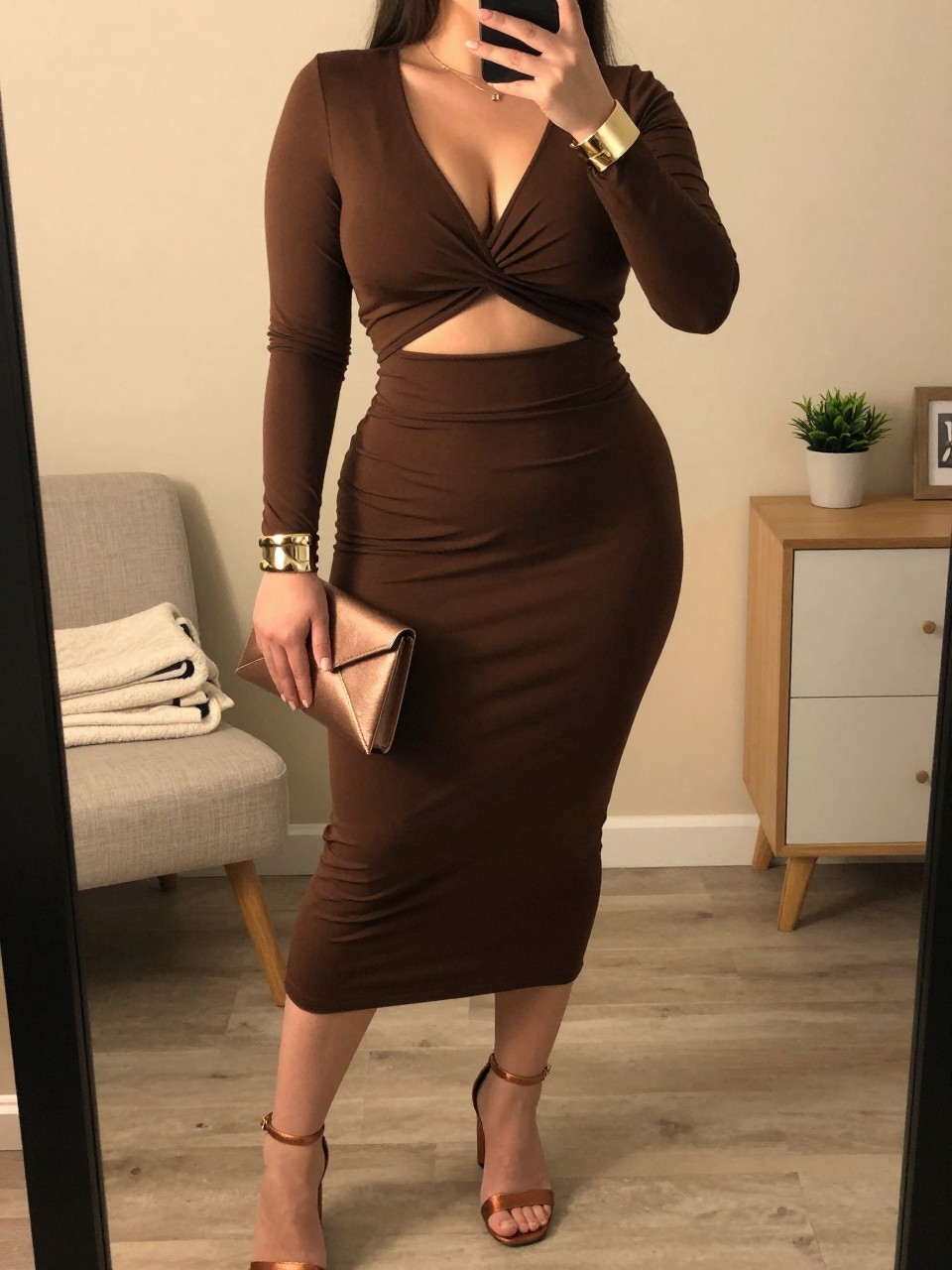 Mirror selfie of a plus size woman wearing a fitted chocolate brown stretch midi dress with long sleeves, a twisted front, and small waist cutouts, metallic bronze block-heel sandals, a bronze envelope clutch, and gold cuff bracelets, clearly showing the exact clothing items, brown color, twist detail, waist cutouts, footwear, and accessories listed, holding a phone in front of a mirror, cropped at the neck so the face does not show, relaxed confident selfie pose, in a feminine-themed bedroom with evening golden-hour lighting, a folded blanket on a chair and a small plant on a dresser, realistic warm-toned club styling, latest iPhone photo quality.