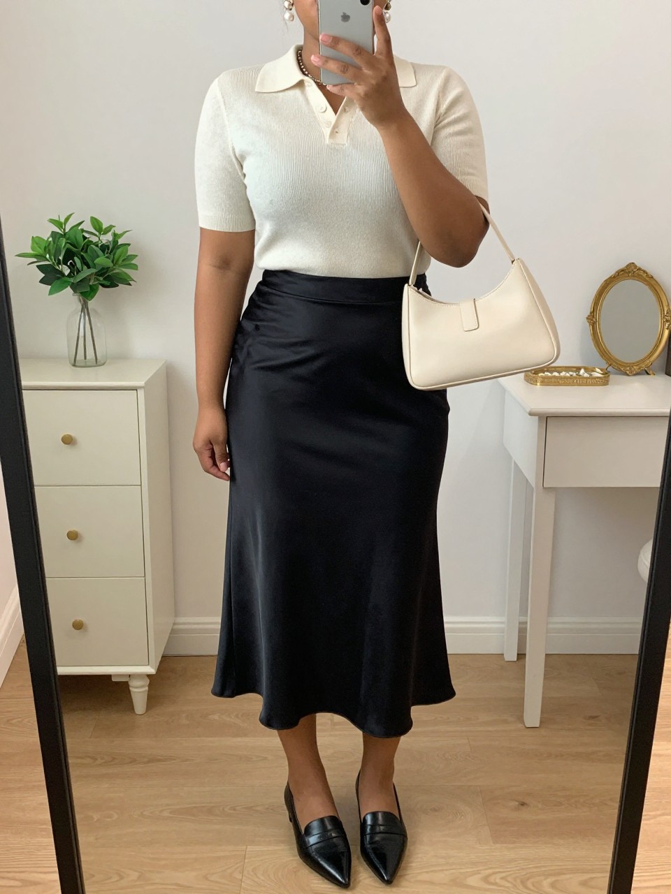Mirror selfie of a black plus size woman wearing a black high-waisted satin midi skirt with a fluid bias-cut shape, a fitted cream short-sleeve knit polo, black pointed leather loafers, a structured cream shoulder bag, and pearl drop earrings, clearly showing the exact clothing items, black satin, cream knit, footwear, and accessories listed, holding a phone in front of a mirror, cropped at the neck so the face is hidden, relaxed polished selfie pose, in a feminine-themed bedroom with soft indoor lighting, a small plant on a dresser and a jewelry tray on the vanity, realistic museum-date outfit, latest iPhone photo quality.
