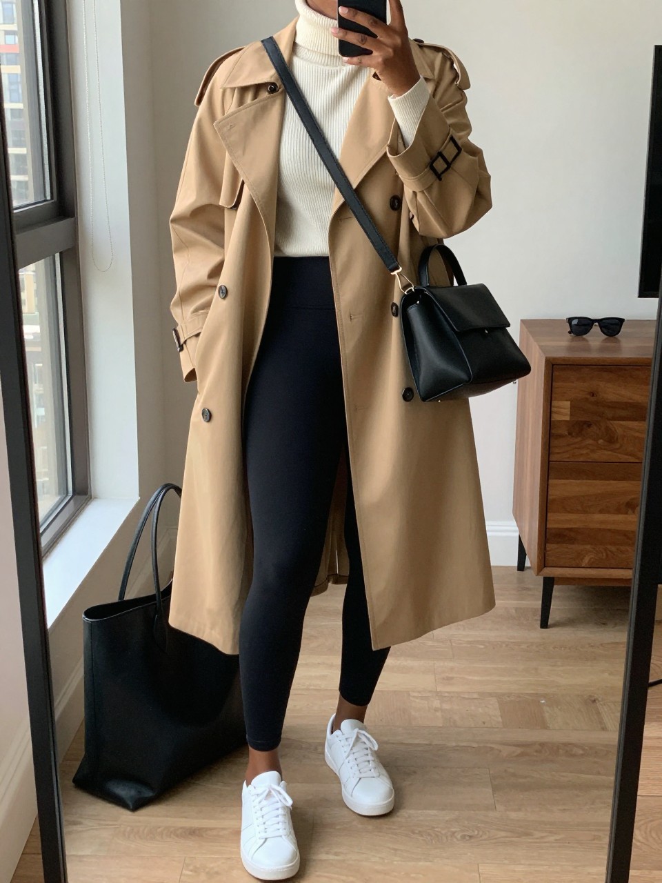 Mirror selfie of a black woman wearing matte black high-waisted leggings, a fitted cream ribbed turtleneck, a knee-length camel trench coat, white leather sneakers, and a structured black crossbody bag, clearly showing the exact clothing items, colors, fabrics, and accessories listed, holding a phone in front of a stylish city apartment mirror, cropped at the neck so the face does not show, relaxed casual selfie pose, natural window light, tote bag resting on the floor and sunglasses placed on a dresser, natural uncluttered setting, latest iPhone photo quality.