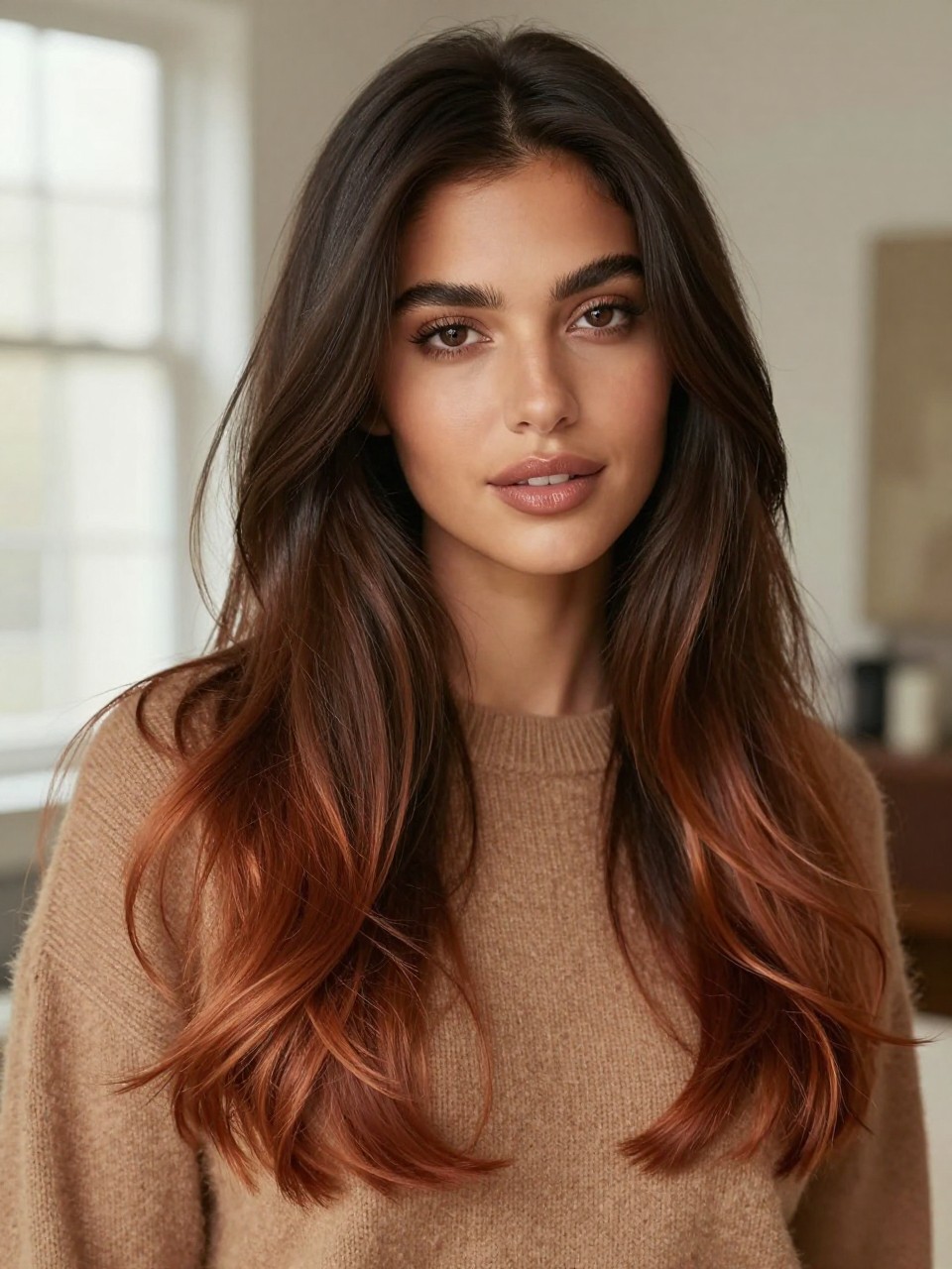 Image Prompt: A beautiful woman with long dark brown hair fading into copper reddish brown ombré ends, glossy dark roots and mid-lengths blending into warm copper-red brown tips, soft loose waves, warm brown skin, bronzed makeup, glossy lips, camel sweater, cozy indoor background, soft natural window light, realistic beauty editorial photo, smooth color transition, no text, (no watermarks on images)