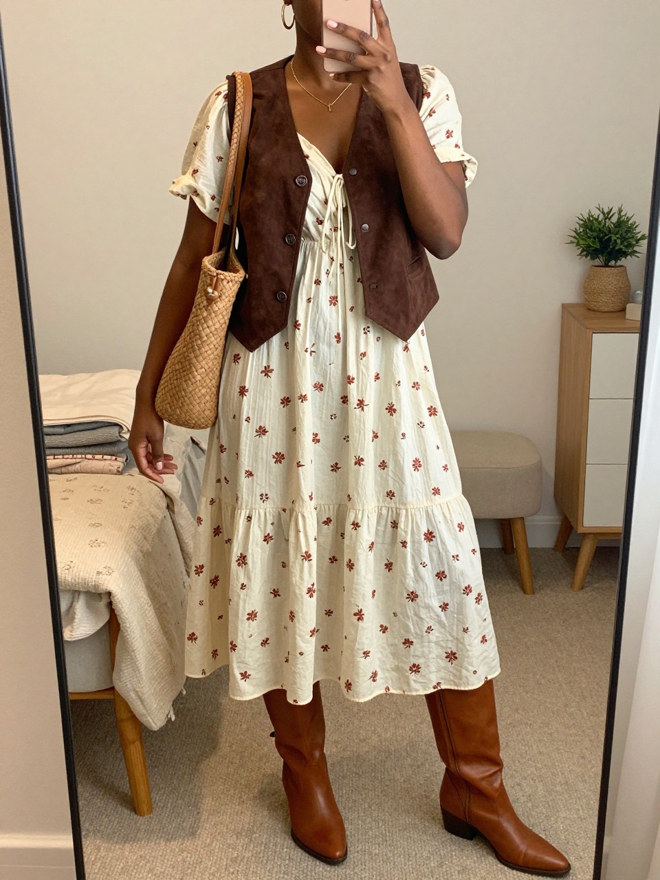 Mirror selfie of a Black woman wearing a chocolate-brown suede vest over a cream cotton prairie midi dress with small rust floral prints, cognac leather knee-high boots, a tan woven shoulder bag, and hammered-gold hoop earrings, clearly showing the exact clothing items, colors, fabrics, and accessories listed, holding a phone in front of a feminine-themed bedroom mirror, cropped at the neck so the face does not show, relaxed casual selfie pose, warm moody lighting, a folded blanket on a chair and a small plant on a dresser, cozy natural atmosphere, latest iPhone photo quality.