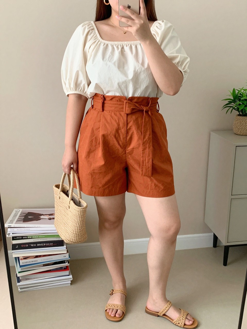 Mirror selfie of a plus size woman wearing rust orange high-waisted paperbag shorts with a matching fabric belt and relaxed thigh openings, an ivory cotton blouse with short puff sleeves and a square neckline, tan woven flat sandals, a natural raffia handbag, and hammered gold earrings, clearly showing the exact clothing items, rust fabric, belt, ivory blouse, sleeve shape, footwear, and accessories listed, holding a phone in front of a mirror, cropped at the neck so her face is hidden, relaxed feminine selfie pose, in a fashion studio mirror corner with soft indoor lighting, a stack of fashion magazines on a side table and a small plant on a dresser, realistic summer brunch styling, latest iPhone photo quality.
