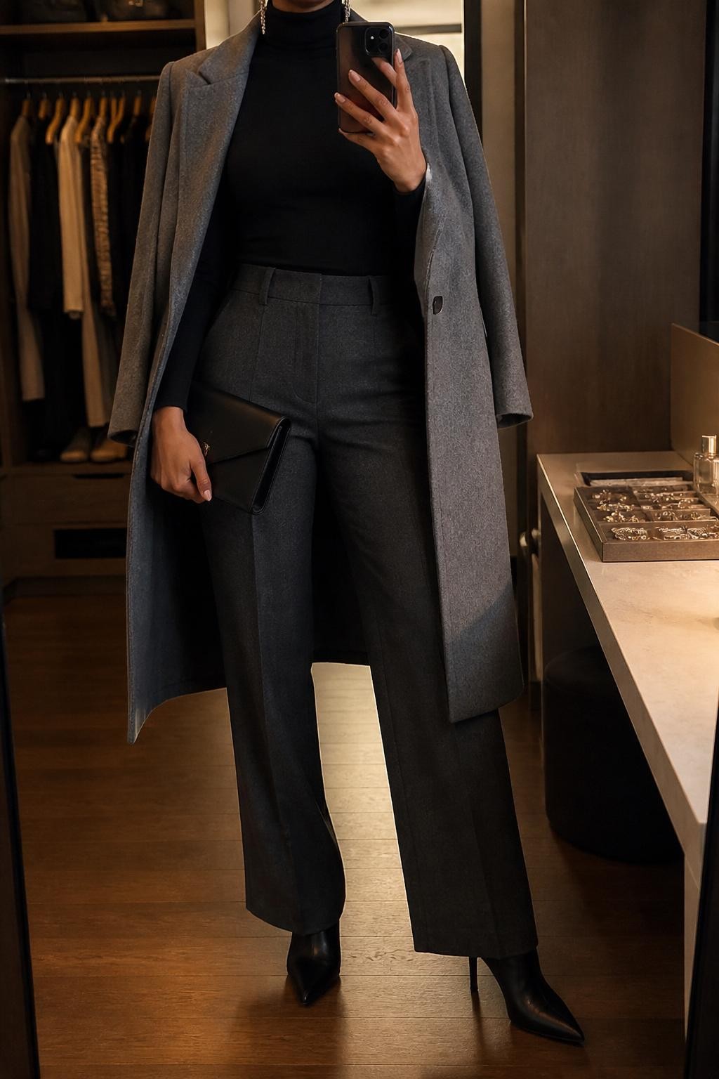 mirror selfie of a Black woman wearing the exact outfit described above, clearly showing black stiletto-heel boots, charcoal wide-leg trousers, a fitted black turtleneck, a gray longline coat, a black envelope clutch, and silver drop earrings, holding a phone in front of a mirror, cropped at NECK so the face does not show, with a relaxed casual selfie pose, in a walk-in closet mirror, warm moody lighting, with an open closet with clothes visible and a jewelry tray on the vanity, latest iPhone photo quality.