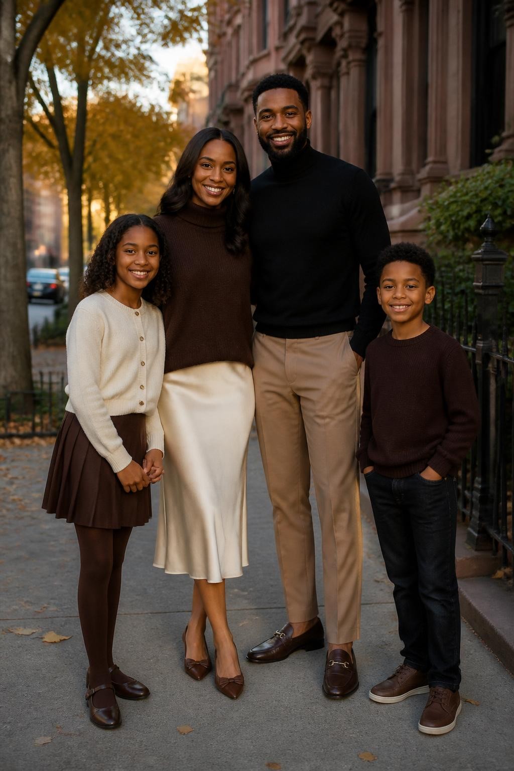Realistic DSLR fall family photo of a Black family of four standing on a quiet city sidewalk with fall trees nearby, mom wearing a chocolate brown sweater with a cream satin midi skirt and brown pointed flats, dad wearing a black turtleneck with camel trousers and loafers, daughter wearing a cream cardigan with brown skirt and tights, son wearing a chocolate sweater with black jeans and brown shoes, soft evening light, stylish city family portrait.