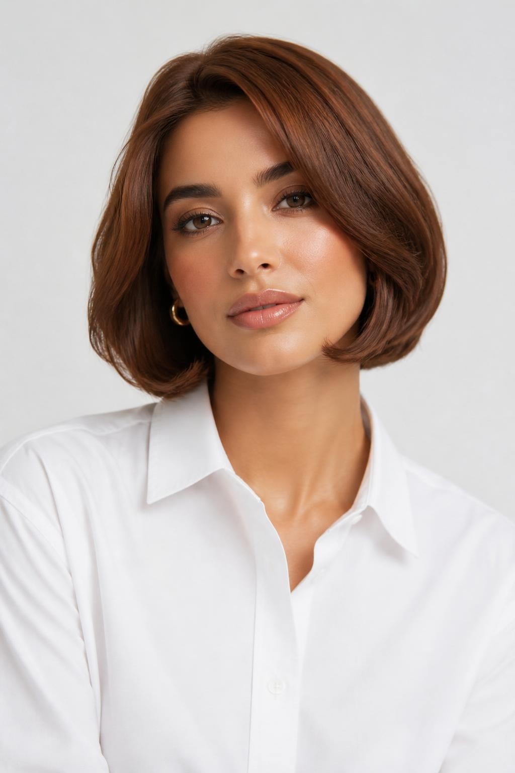 Image Prompt: A pretty woman with a chin-length soft auburn bob, smooth rounded bob shape with a soft bend at the ends, warm auburn brown hair color with glossy shine, medium skin tone, fresh natural makeup, glossy nude lips, small gold earrings, white button-up shirt, bright clean studio background, soft flattering lighting, realistic beauty editorial photography, detailed bob shape and auburn shine, no text, (no watermarks on images)