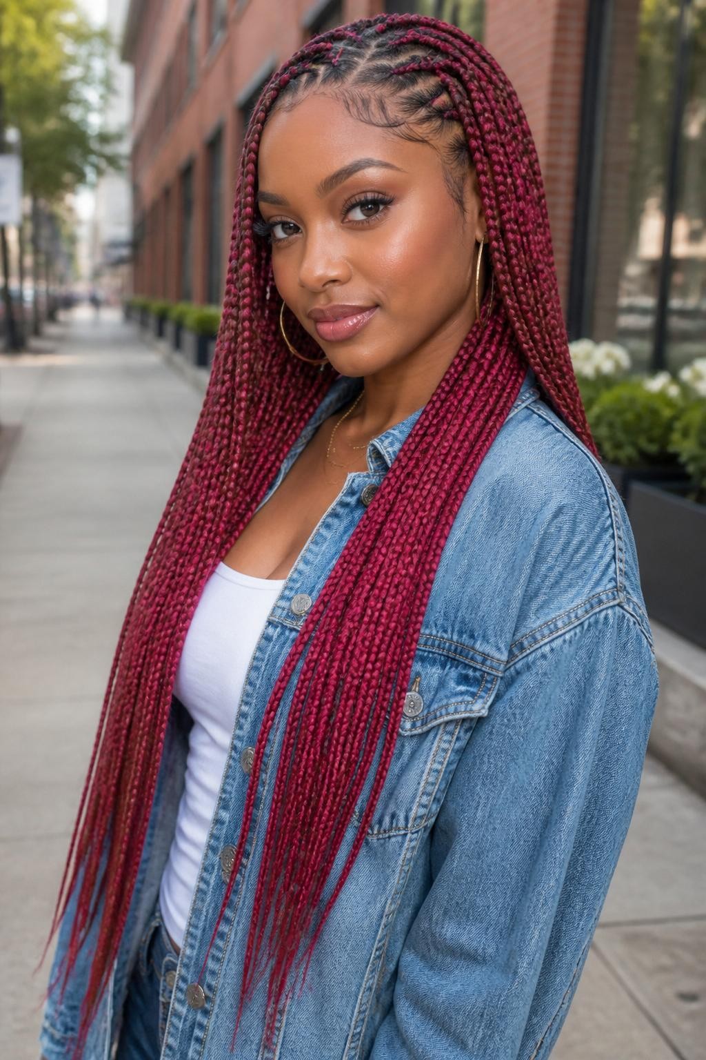 Image Prompt: A fashionable woman wearing waist-length raspberry box braids, neat square parts, smooth finished braids with vivid berry-red pink shine, softly styled baby hairs, medium-deep brown skin, glossy lips, gold hoop earrings, denim jacket over a white top, outdoor city background softly blurred, natural daylight, realistic lifestyle beauty portrait, detailed braid texture and neat scalp parts, no text, (no watermarks on images)