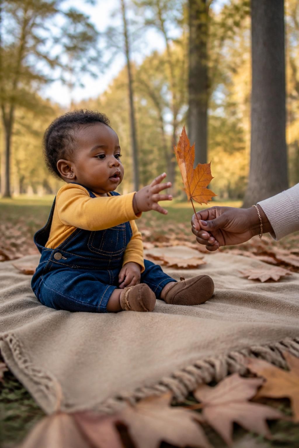 Image Prompt: A curious Black baby around eight months old sitting on a large tan wool blanket in a quiet autumn park, wearing dark denim overalls over a mustard long-sleeve bodysuit with soft brown booties, reaching toward one large dry maple leaf held safely by the mother just above the blanket, the mother’s forearm and hand naturally visible at the edge of the frame, scattered copper and yellow leaves around the blanket, tall trees softly blurred behind them, gentle late-afternoon daylight, photographed from a low side angle with a DSLR 70mm lens, true-to-life dark skin, realistic baby balance, natural hand movement, authentic park ground, no pile of leaves around the face, no leaf throwing, no unattended baby.