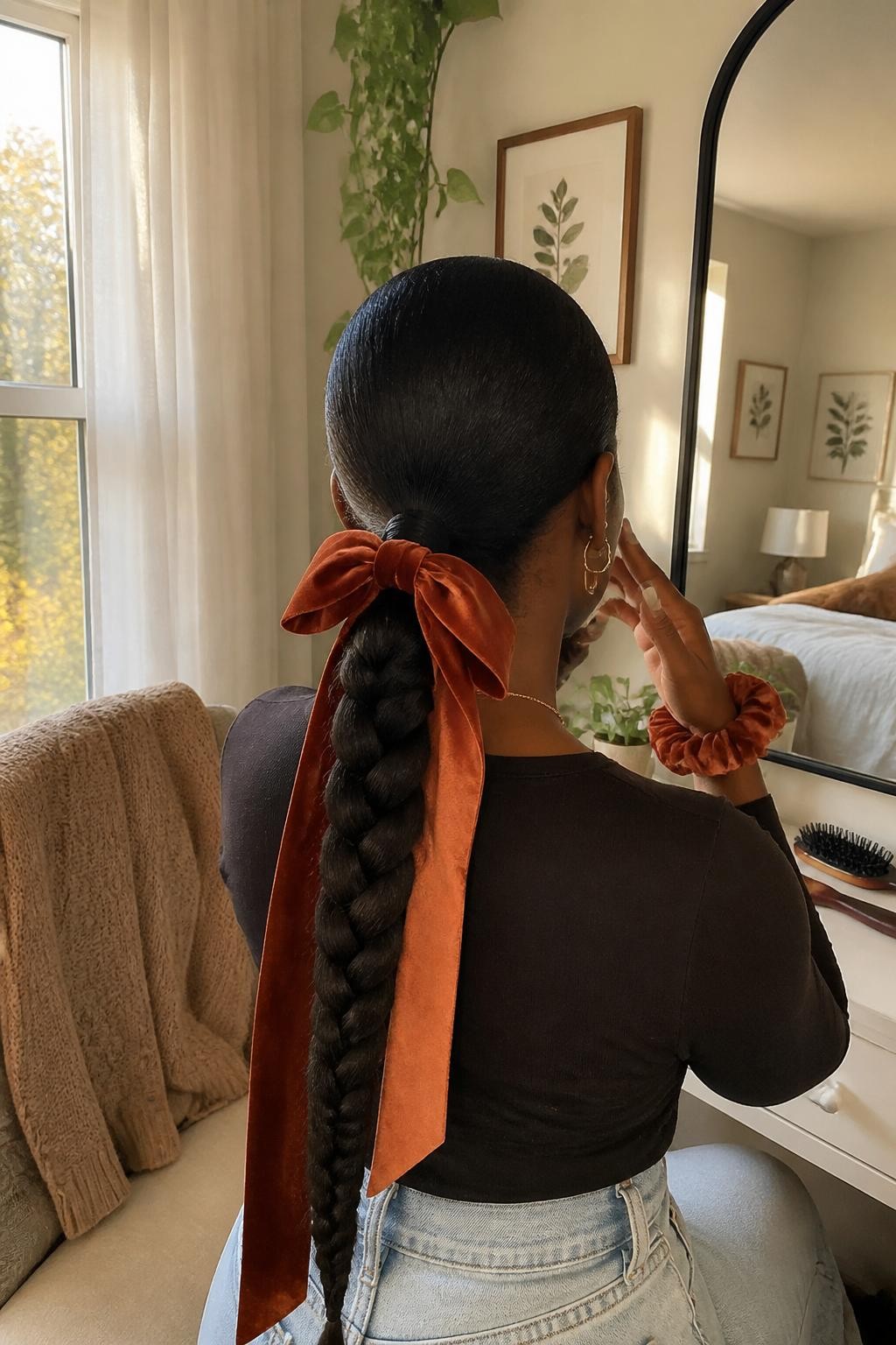 Image prompt: Photo of a Black woman wearing a smooth low braided ponytail tied with a wide rust-colored velvet ribbon, back-of-head view to highlight the bow and braid texture, sun-drenched bedroom with a knit cardigan resting on a chair, natural window light, containing a hairbrush on the vanity and a silk scrunchie on her wrist, realistic fall getting-ready moment, latest iPhone photo quality.