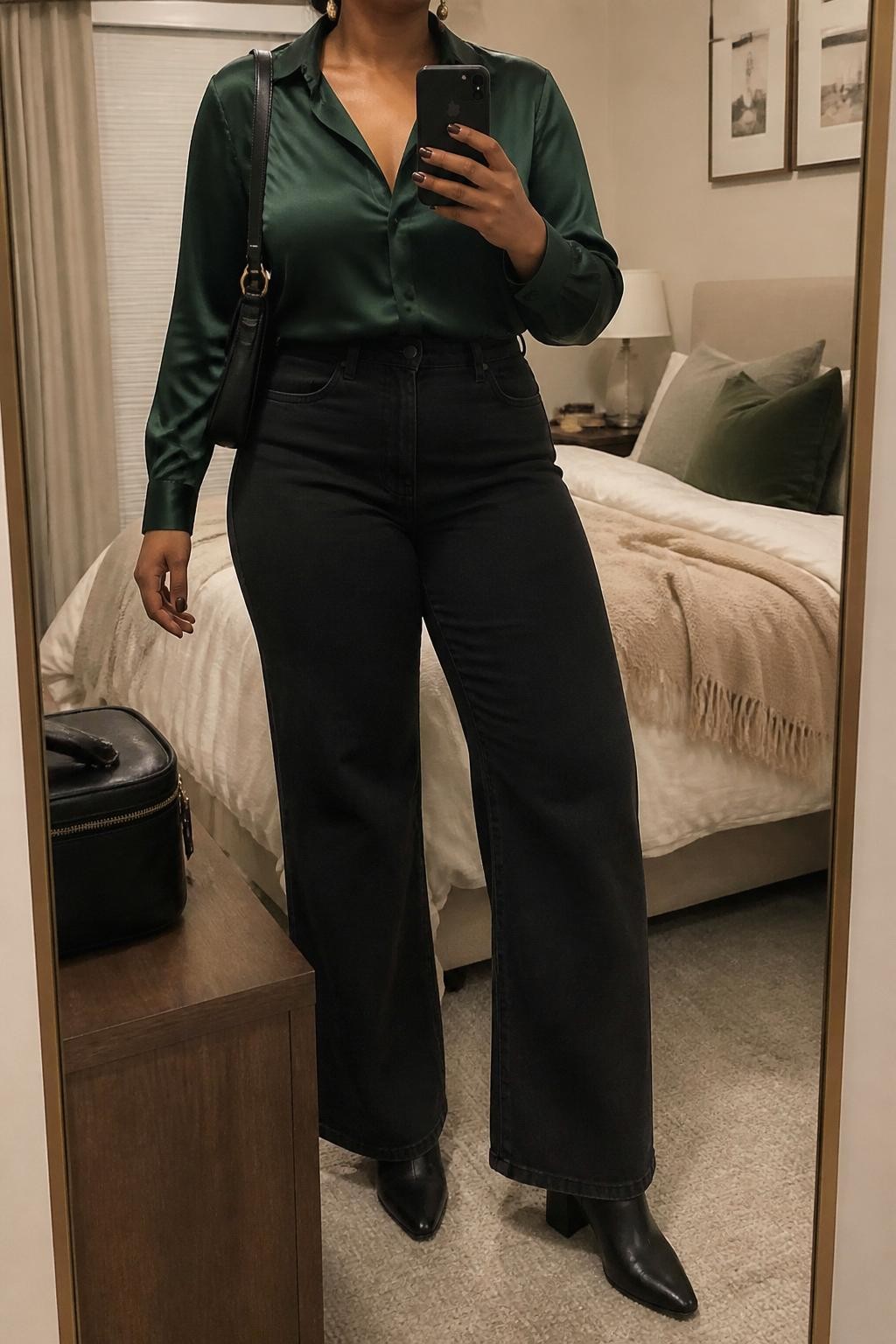 Mirror selfie of a curvy Black woman wearing a forest green satin blouse, black high-waisted wide-leg jeans, black block-heel boots, gold drop earrings, and a black leather shoulder bag, holding a phone in front of a mirror, cropped at NECK so the face does not show, relaxed casual selfie pose, in a cozy bedroom mirror setup, soft indoor lighting, with a cosmetic bag on the counter and soft pillows on an unmade bed, latest iPhone photo quality.
