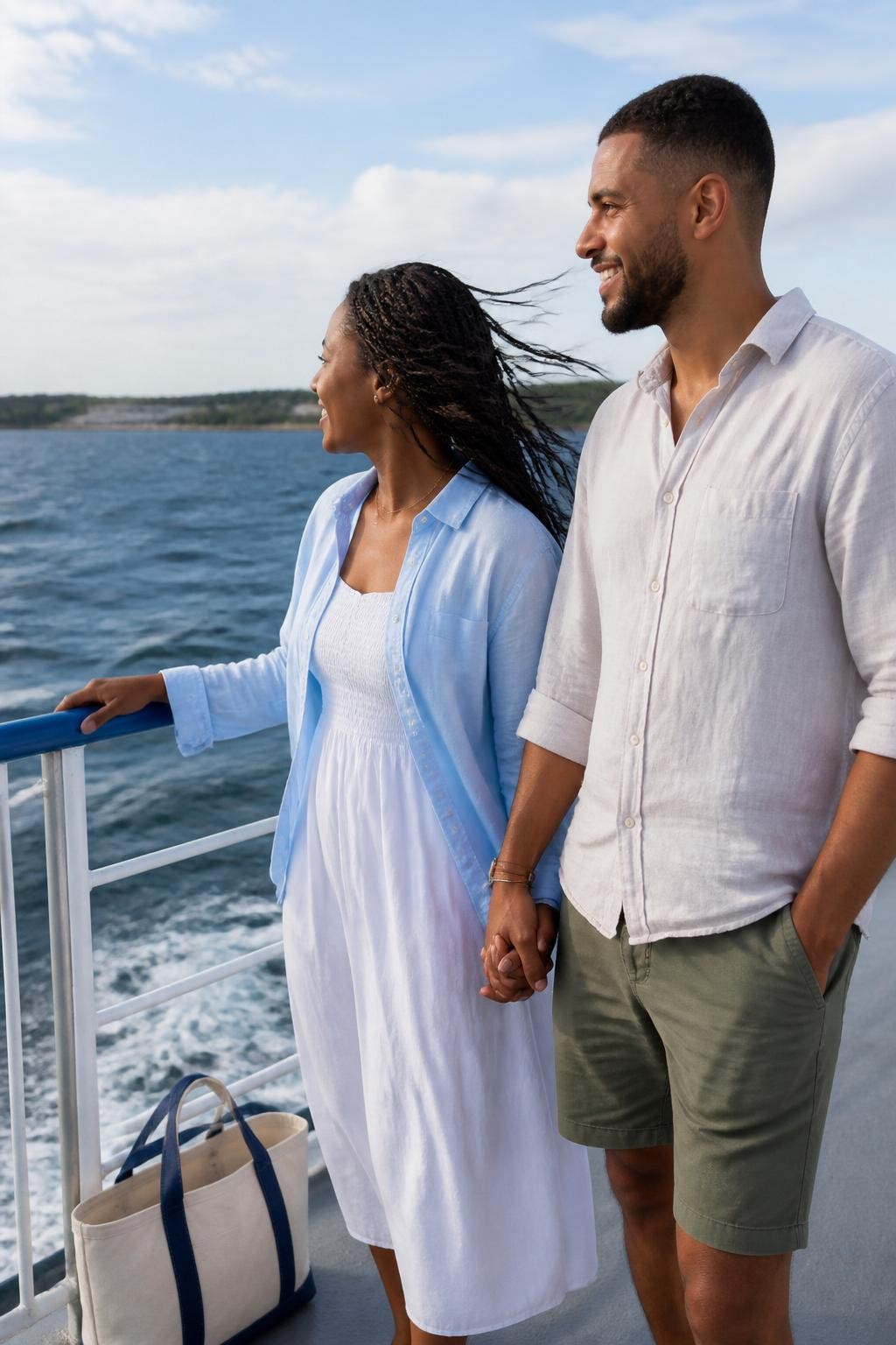 Image prompt: A bright travel-style DSLR photo of an adult couple standing by the rail of a ferry or boat deck, featuring a Black woman with rich brown skin wearing a soft blue linen shirt over a white dress, one hand holding the railing and the other holding her partner’s hand, her braids moving in the wind, both facing the water with relaxed smiles, his shirt sleeves rolled up, ocean waves behind them, distant shoreline, sunlight on the metal rail, canvas tote bag near their feet, realistic wind movement, natural skin texture, modern couple vacation photography.