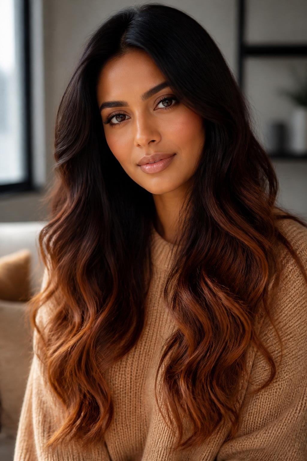 Image Prompt: A beautiful woman with long dark brown hair fading into soft auburn ombre ends, glossy deep brunette roots and mid-lengths blending into warm auburn tips, loose waves, warm brown skin, natural glam makeup, nude gloss, camel sweater, cozy indoor background, soft natural window light, realistic beauty editorial photo, smooth brunette-to-auburn color transition, no text, (no watermarks on images)