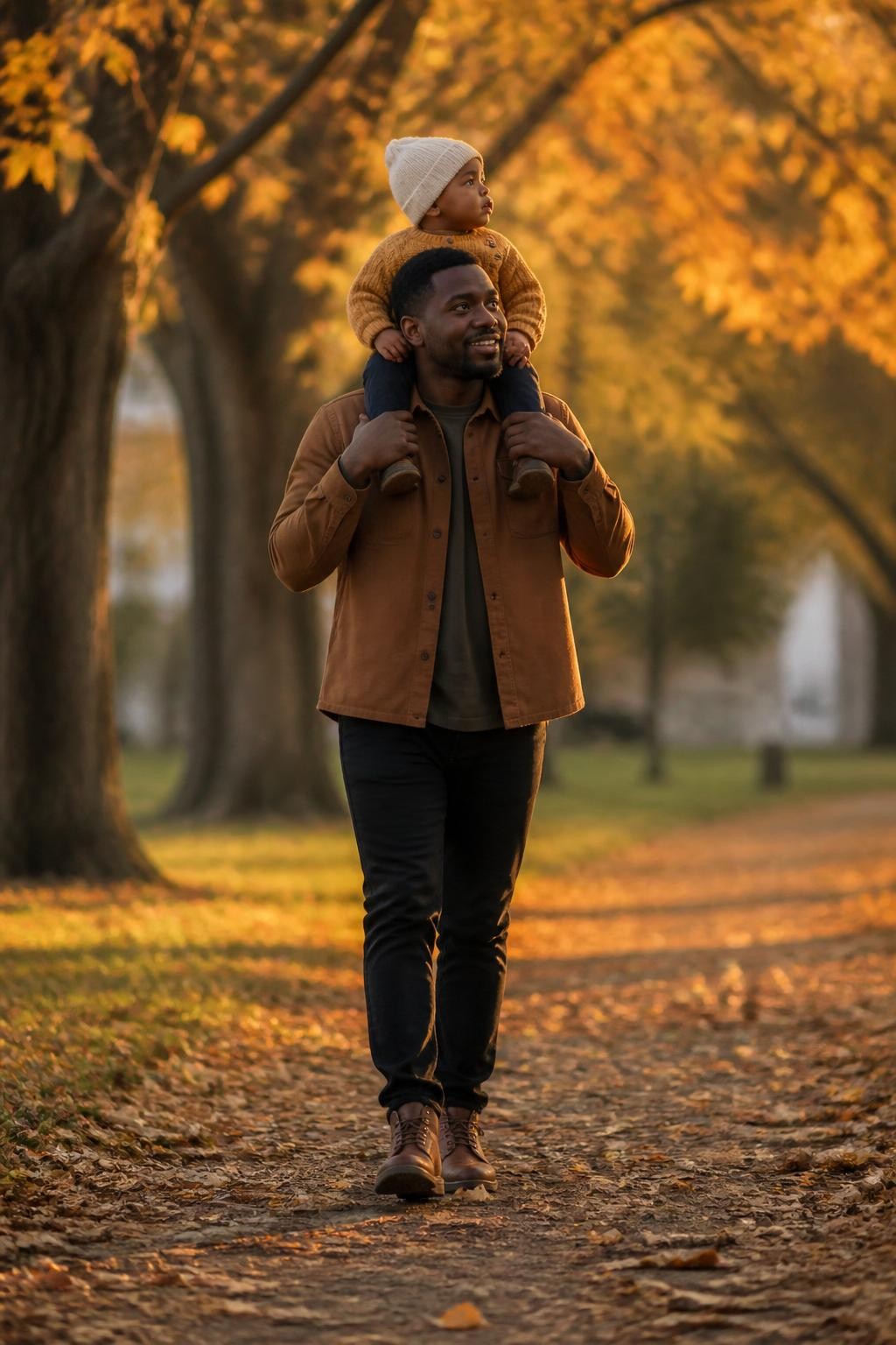 Image Prompt: A Black father walking slowly through a fall park with his one-year-old baby sitting securely on his shoulders, both of the father’s hands holding the baby’s lower legs, the baby wearing a mustard knit sweater, dark trousers, and a cream beanie, the father wearing a brown overshirt, black jeans, and walking boots, the baby looking toward the colorful trees while the father glances upward with a smile, golden leaves across the path, soft evening light, photographed from a slight side angle with a DSLR 70mm lens, detailed dark skin tones, realistic balance and hand support, natural clothing movement, no hands-free shoulder pose, no running, no leaf throwing.