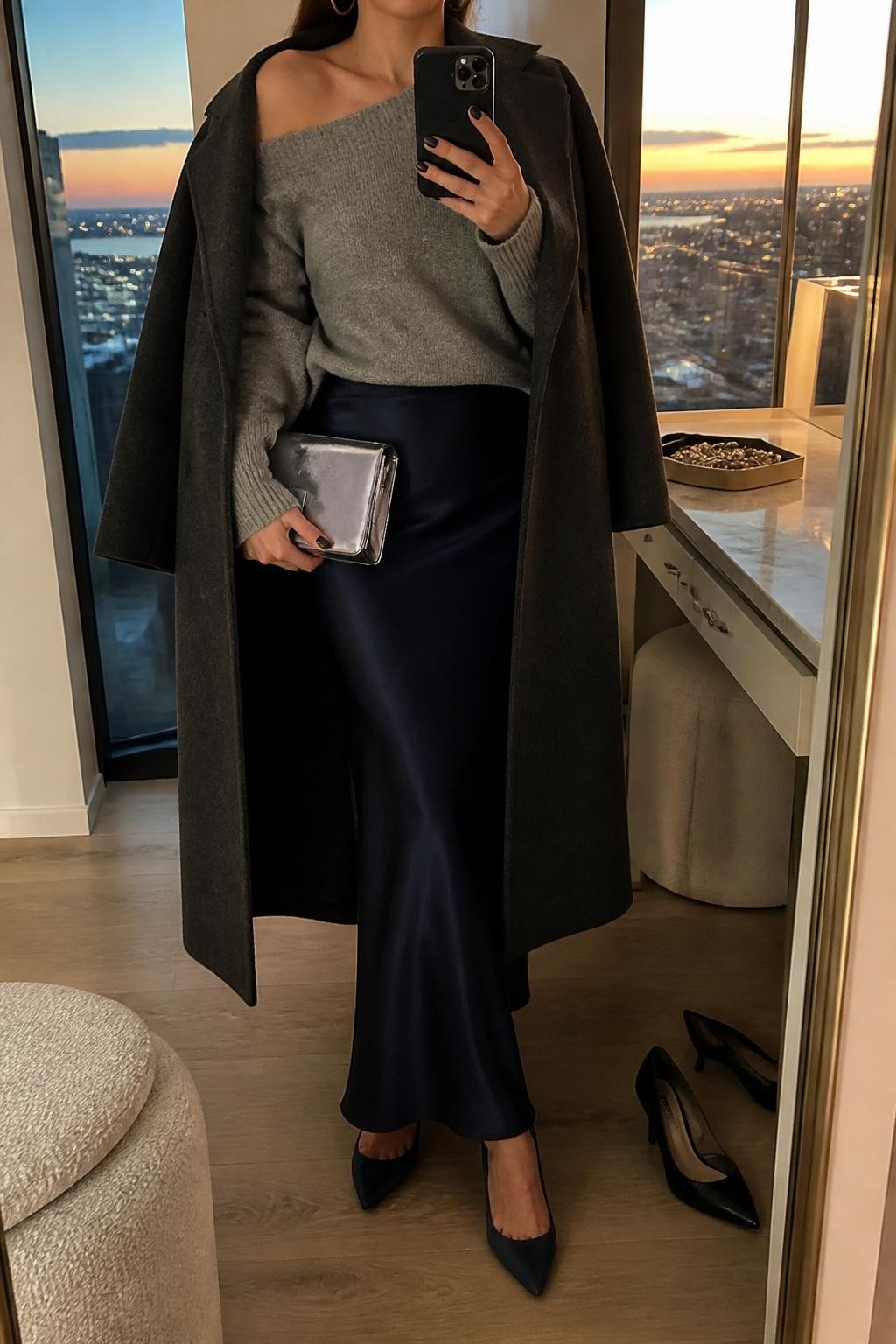 mirror selfie of a woman wearing the exact outfit described above, clearly showing a navy satin maxi skirt, soft gray off-shoulder knit sweater, navy pointed pumps, silver clutch, silver hoop earrings, and a charcoal wool coat draped open, holding a phone in front of a mirror, cropped at NECK so the face does not show, with a relaxed casual selfie pose, in a stylish city apartment, evening golden hour, with a pair of heels on the floor nearby and a jewelry tray on the vanity, latest iPhone photo quality.
