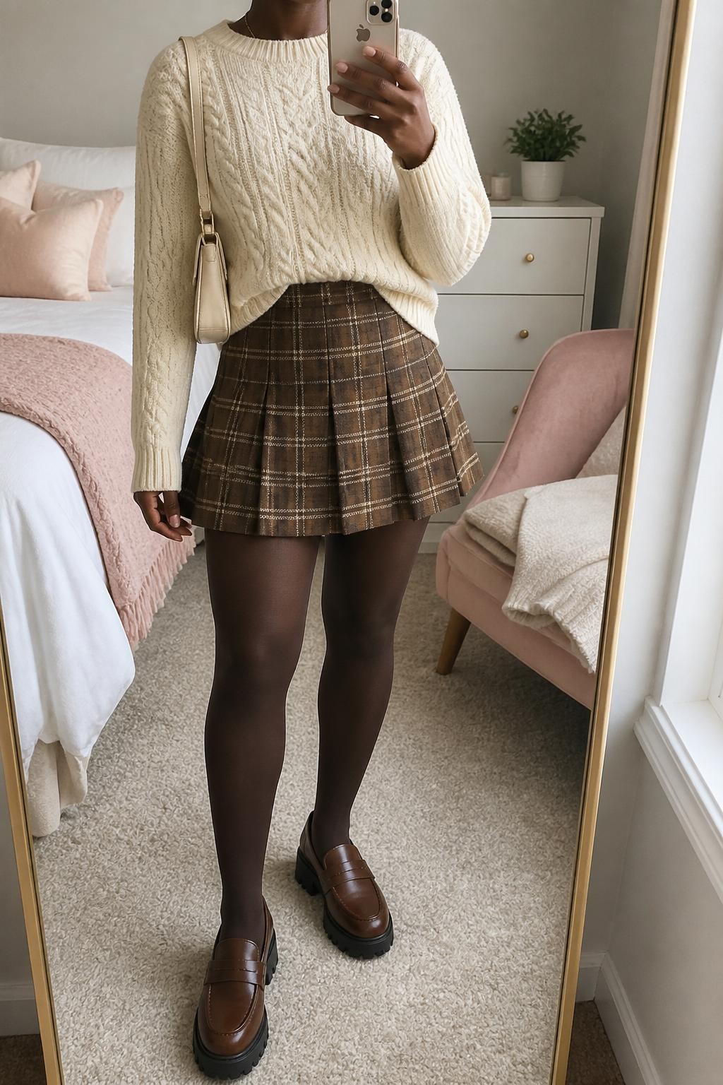 mirror selfie of a Black woman wearing an ivory cable knit sweater, brown plaid pleated mini skirt, opaque brown tights, chestnut platform loafers, and a cream mini shoulder bag, clearly showing the same clothing items, colors, fabrics, and accessories listed in the Outfit Pieces section, holding a phone in front of a mirror, cropped at NECK so the face does not show, with a relaxed casual selfie pose, in a feminine-themed bedroom, natural window light, including a folded blanket on a chair and a small plant on a dresser, latest iPhone photo quality.