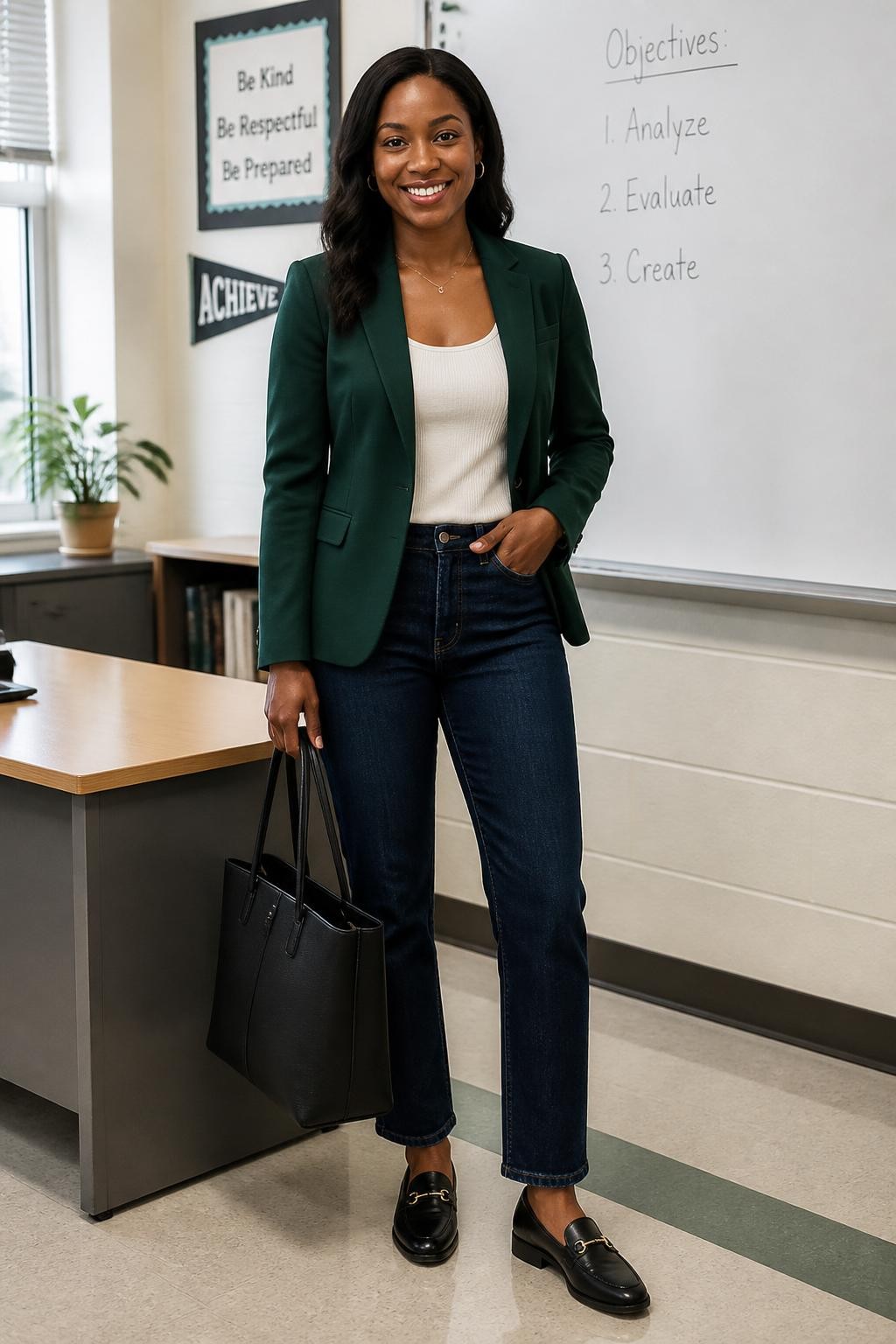 Realistic full-body DSLR fashion photo of a Black female teacher wearing a forest green tailored blazer, ivory scoop-neck knit top, dark indigo straight-leg jeans, black leather loafers, and a structured black tote, standing in a high school classroom beside a clean whiteboard and teacher’s desk, soft window light, exact outfit details visible, bright friendly face, confident relaxed pose.