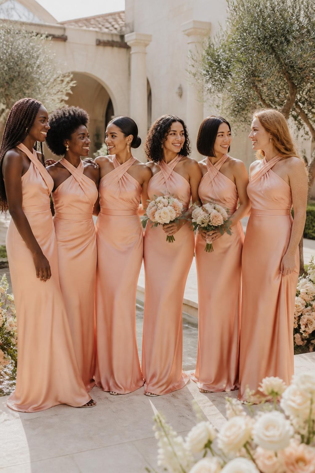 Realistic full-frame DSLR wedding photograph of six bridesmaids wearing floor-length peach sorbet liquid-satin gowns with softly twisted asymmetrical necklines, diagonal draping across the bodices, gently gathered waists, and fluid column skirts that skim without clinging tightly, women with deep ebony, rich mahogany, warm caramel, South Asian olive, East Asian light beige, and fair freckled skin tones, naturally varied ages, heights, bust sizes, and body shapes, bright beautiful faces with distinct features, realistic pores, natural smiles, and soft makeup suited to every complexion, hairstyles including long knotless braids, a rounded natural afro, sleek low bun, shoulder-length curls, polished bob, and loose waves, standing in a sunlit cream-stone courtyard with ivory roses, peach ranunculus, olive trees, and a shallow reflecting pool, late-afternoon light creating believable highlights and subtle wrinkles across the satin, relaxed conversation, accurate hands, and natural posture.